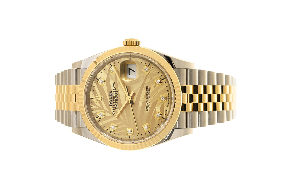 Đồng Hồ Rolex Datejust 36 126233 Mặt Số Cây Lá Nhiệt Đới Vàng Champagne Cọc Số Nạm Kim Cương