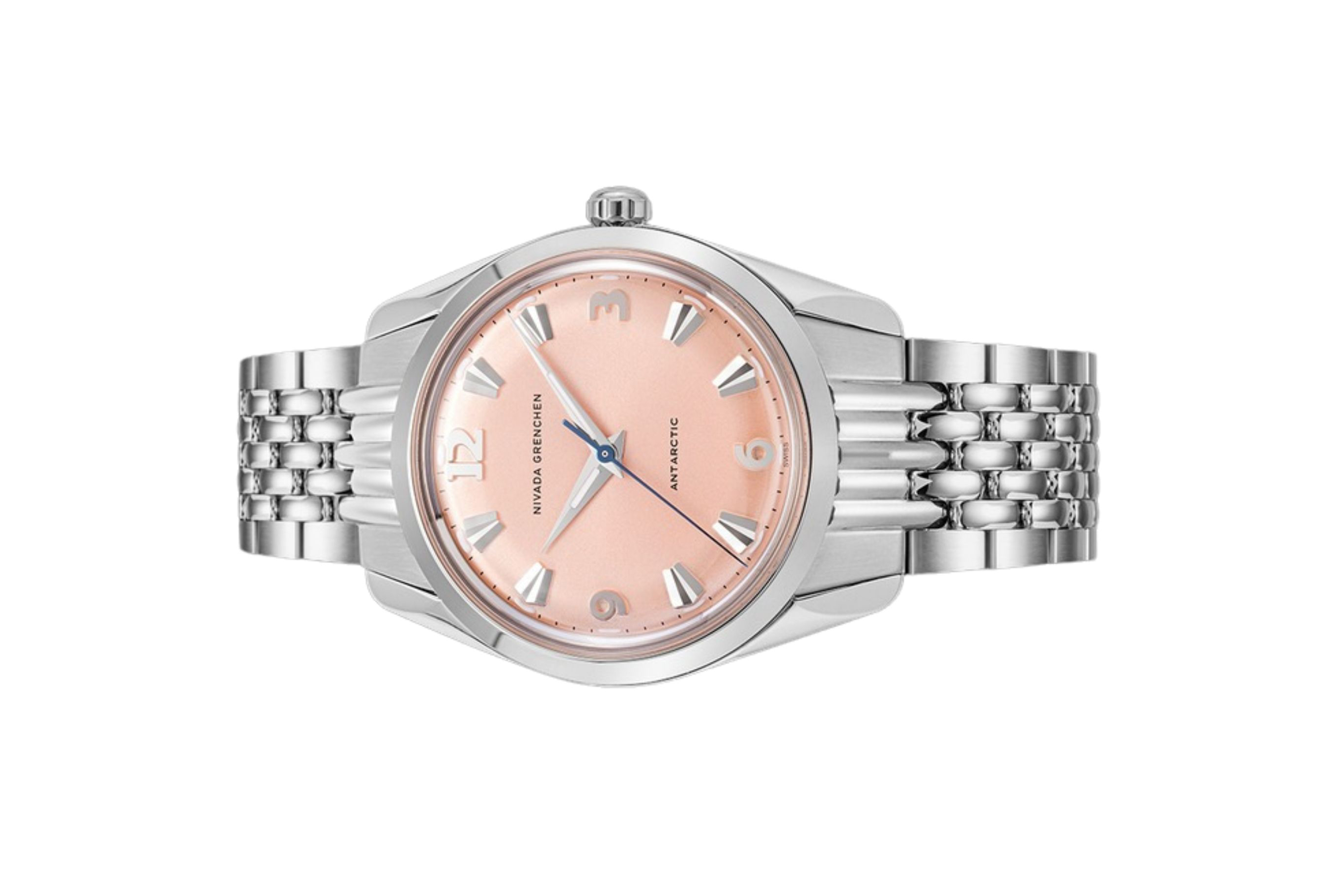 Đồng hồ đeo tay thương hiệu Nivada Grenchen, dòng sản phẩm Antarctic, Ref number: 35018M, mặt số Sunray chải tia cá hồi, size 35mm, máy lên cót tay, vỏ và dây đồng hồ bằng thép không gỉ 316, mới 100%