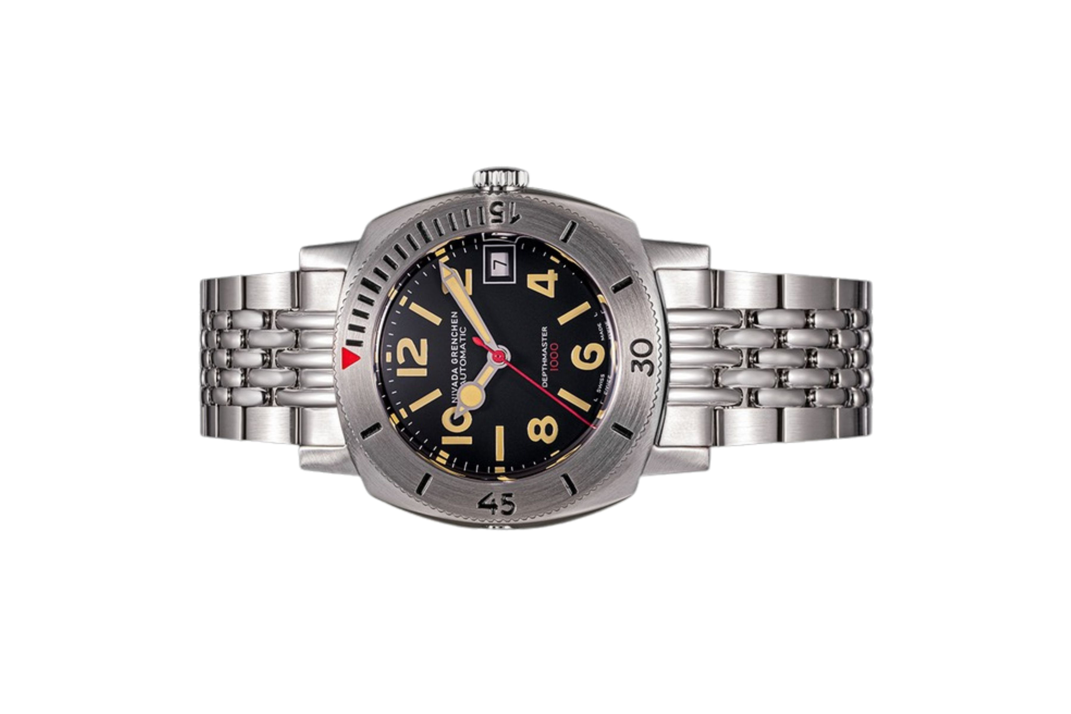 Đồng hồ đeo tay thương hiệu Nivada Grenchen, dòng sản phẩm Depthmaster - Numerals Date, Ref number: 14106A, mặt số đen nhạt, size 39mm, máy tự động, vỏ và dây đồng hồ bằng thép không gỉ 316, mới 100%