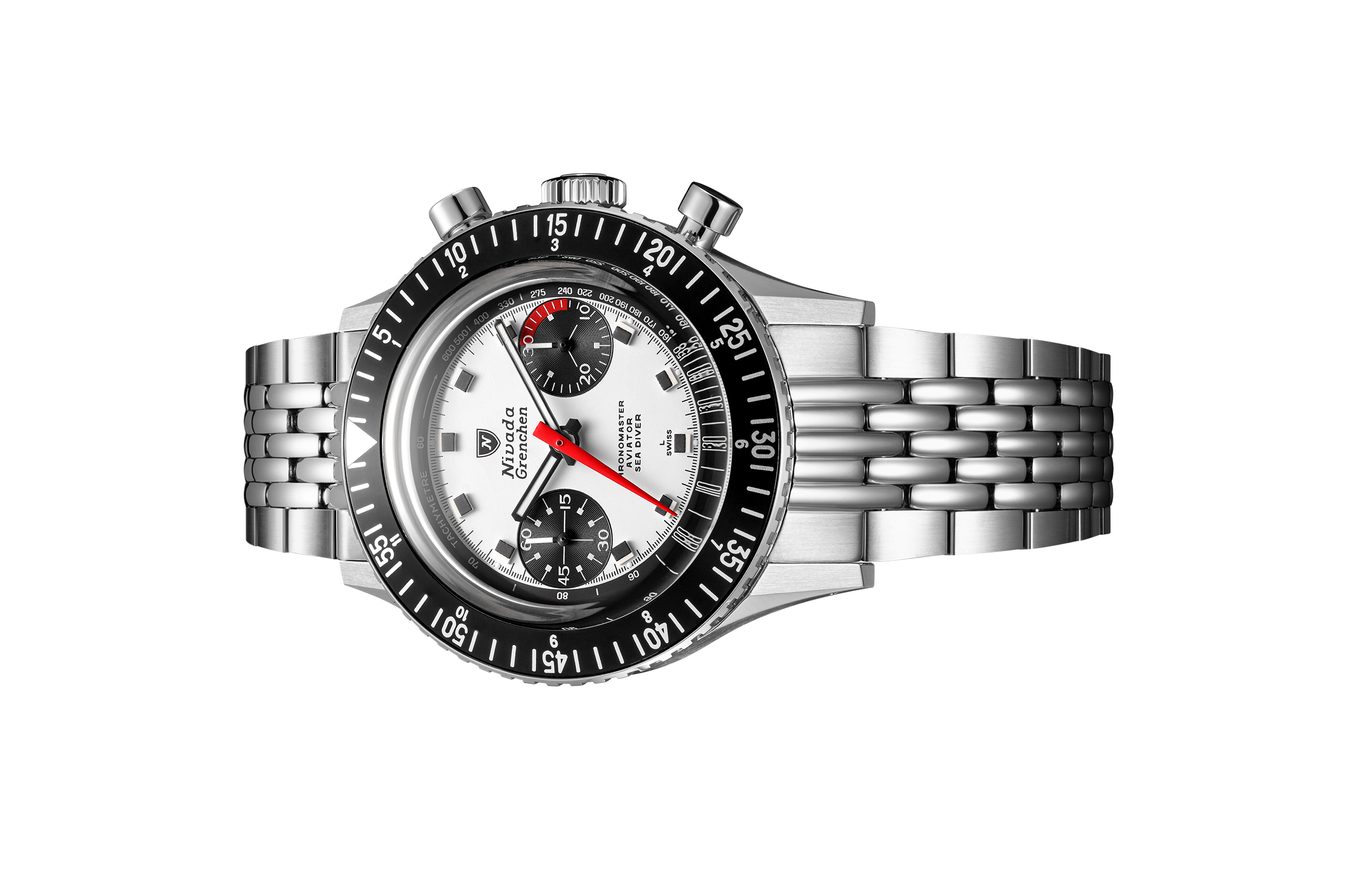 Đồng hồ đeo tay thương hiệu Nivada Grenchen, dòng sản phẩm Chronomaster, Ref number: 85241M, mặt số Panda, size 41mm, lên dây cót bằng tay, vỏ thép không gỉ 316, mới 100%