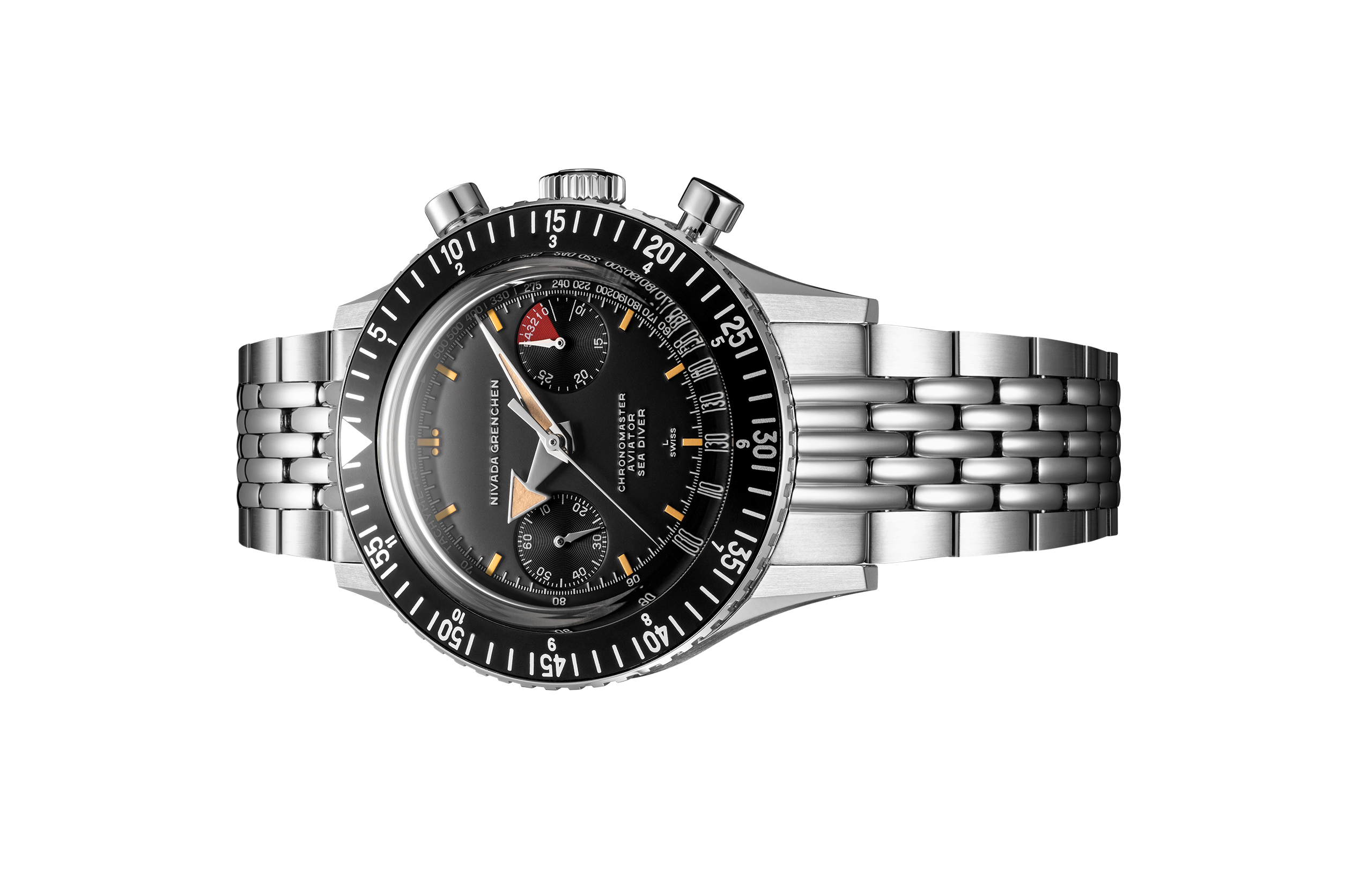 Đồng hồ đeo tay thương hiệu Nivada Grenchen, dòng sản phẩm Chronomaster Broad Arrow, Ref no: 85041M, mặt số màu đen, size 41mm, lên dây cót bằng tay, vỏ đồng hồ bằng thép không gỉ, mới 100%