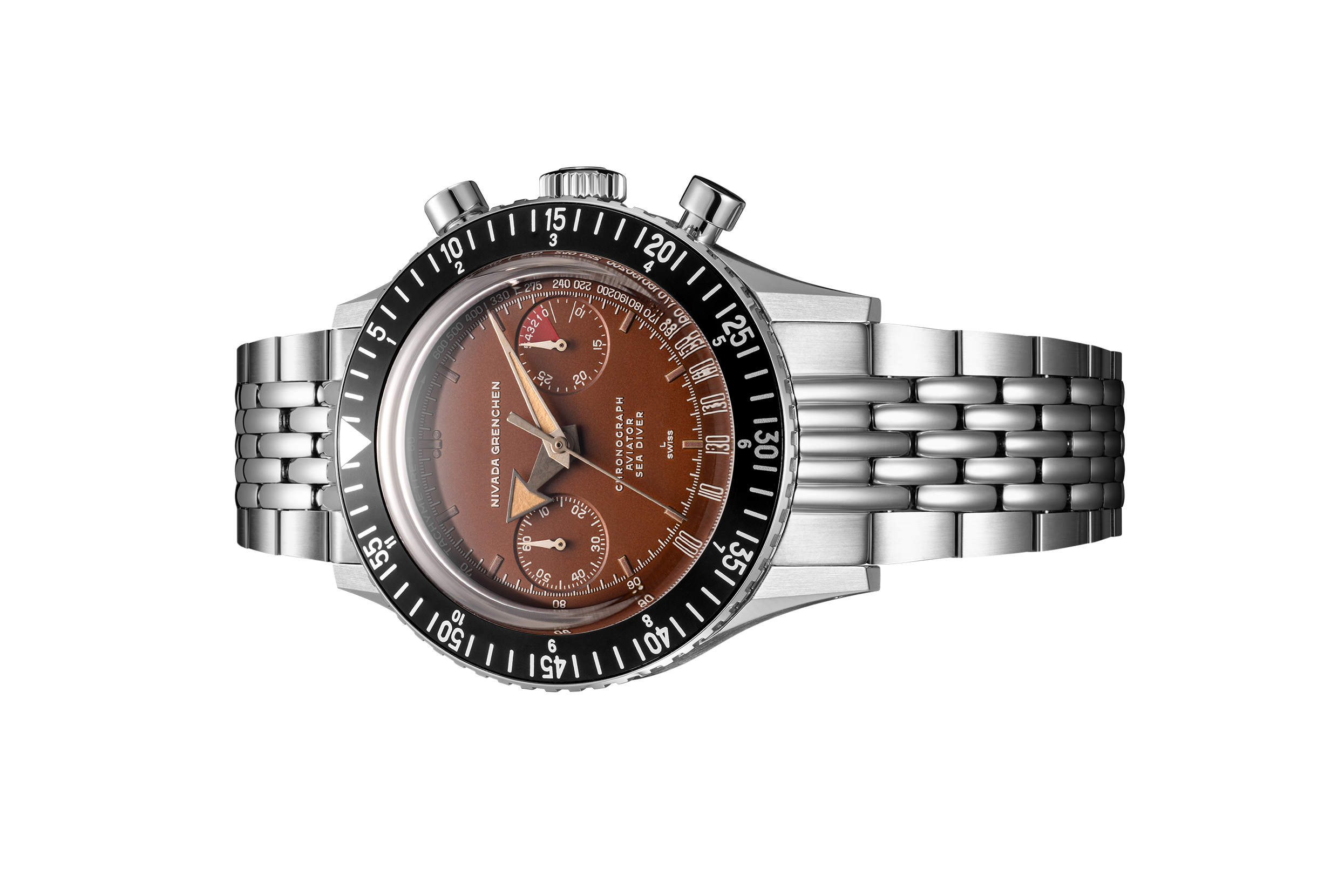 Đồng hồ đeo tay thương hiệu Nivada Grenchen, dòng sản phẩm Chronomaster, Ref number: 85141M, mặt số màu đỏ tropical, size 41mm, lên dây cót bằng tay, vỏ thép không gỉ 316, mới 100%