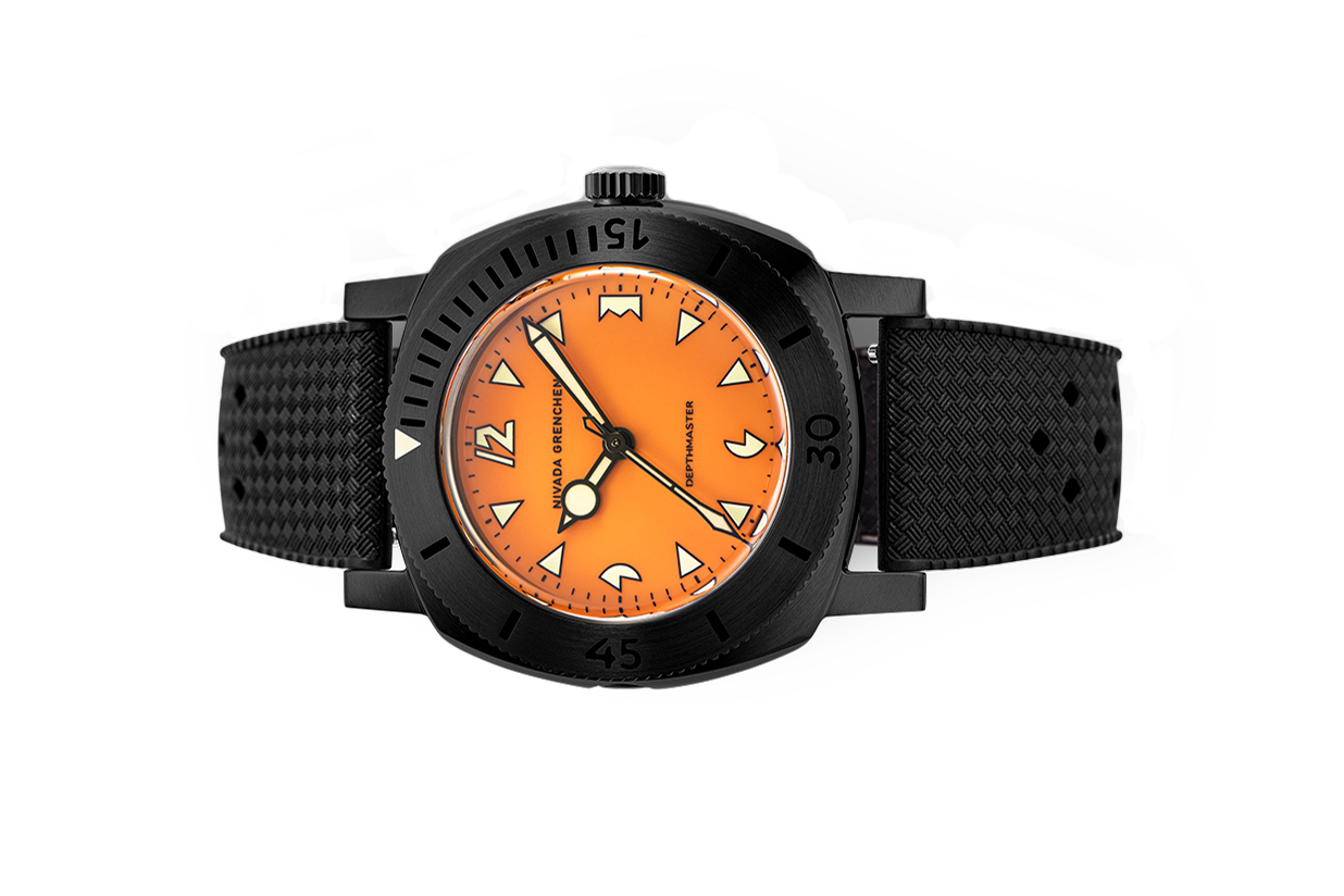 Đồng hồ đeo tay thương hiệu Nivada Grenchen, dòng sản phẩm Depthmaster, Ref number: 14131A, mặt số màu cam, size 39mm, máy tự động, vỏ thép không gỉ 316, dây da bò, mới 100%