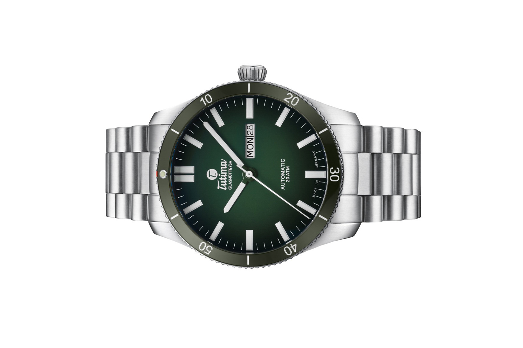 Đồng hồ đeo tay thương hiệu Tutima, dòng sản phẩm Grand Flieger Airport, Ref no: 6106-04, mặt số xanh lá Dégradé, size 43mm, máy tự động, vỏ và dây đồng hồ bằng thép không gỉ, hàng mới 100%