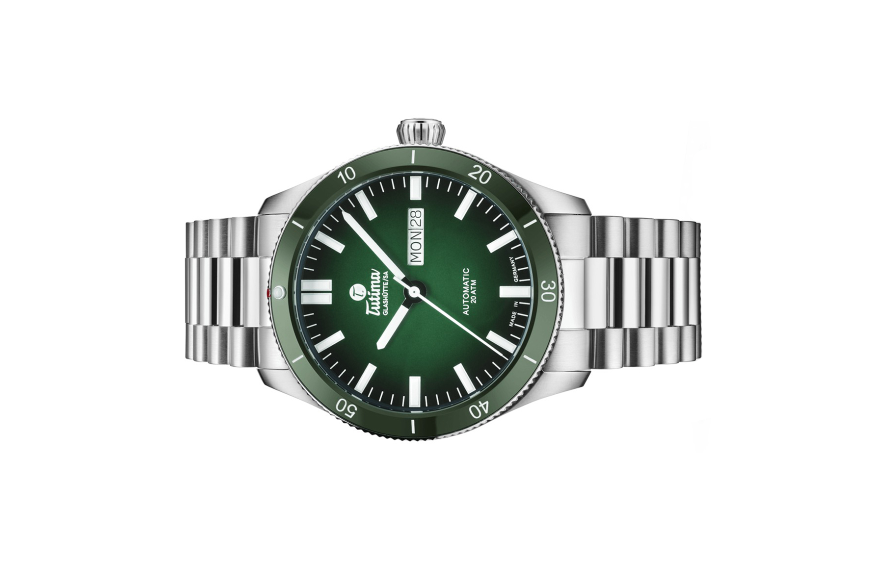 Đồng hồ đeo tay thương hiệu Tutima, dòng sản phẩm Grand Flieger Airport, Ref no: 6107-04, mặt số xanh lá Dégradé, size 41mm, máy tự động, vỏ và dây đồng hồ bằng thép không gỉ, hàng mới 100%