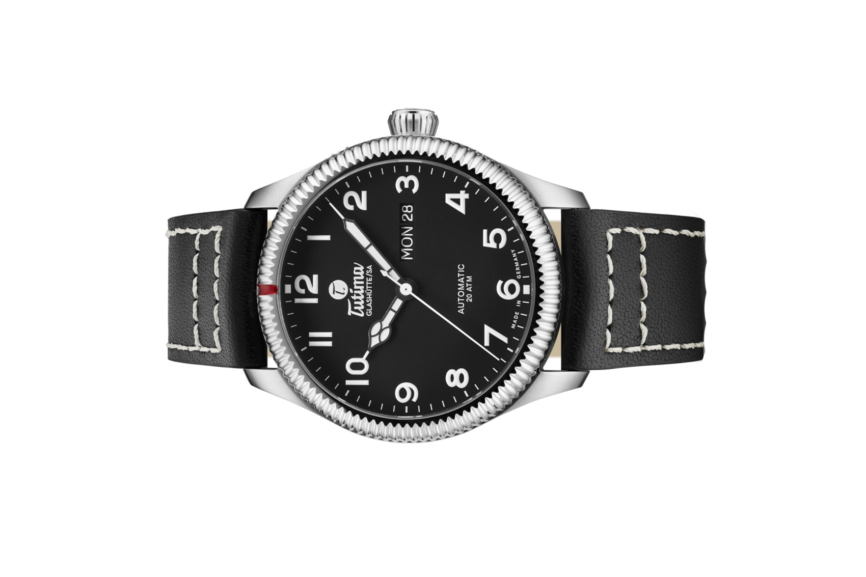 Đồng hồ đeo tay thương hiệu Tutima, dòng sản phẩm Grand Flieger Classic, Ref no: 6108-01, mặt số nhung đen, size 41mm, máy tự động, vỏ đồng hồ bằng thép không gỉ và dây da bê màu đen, hàng mới 100%