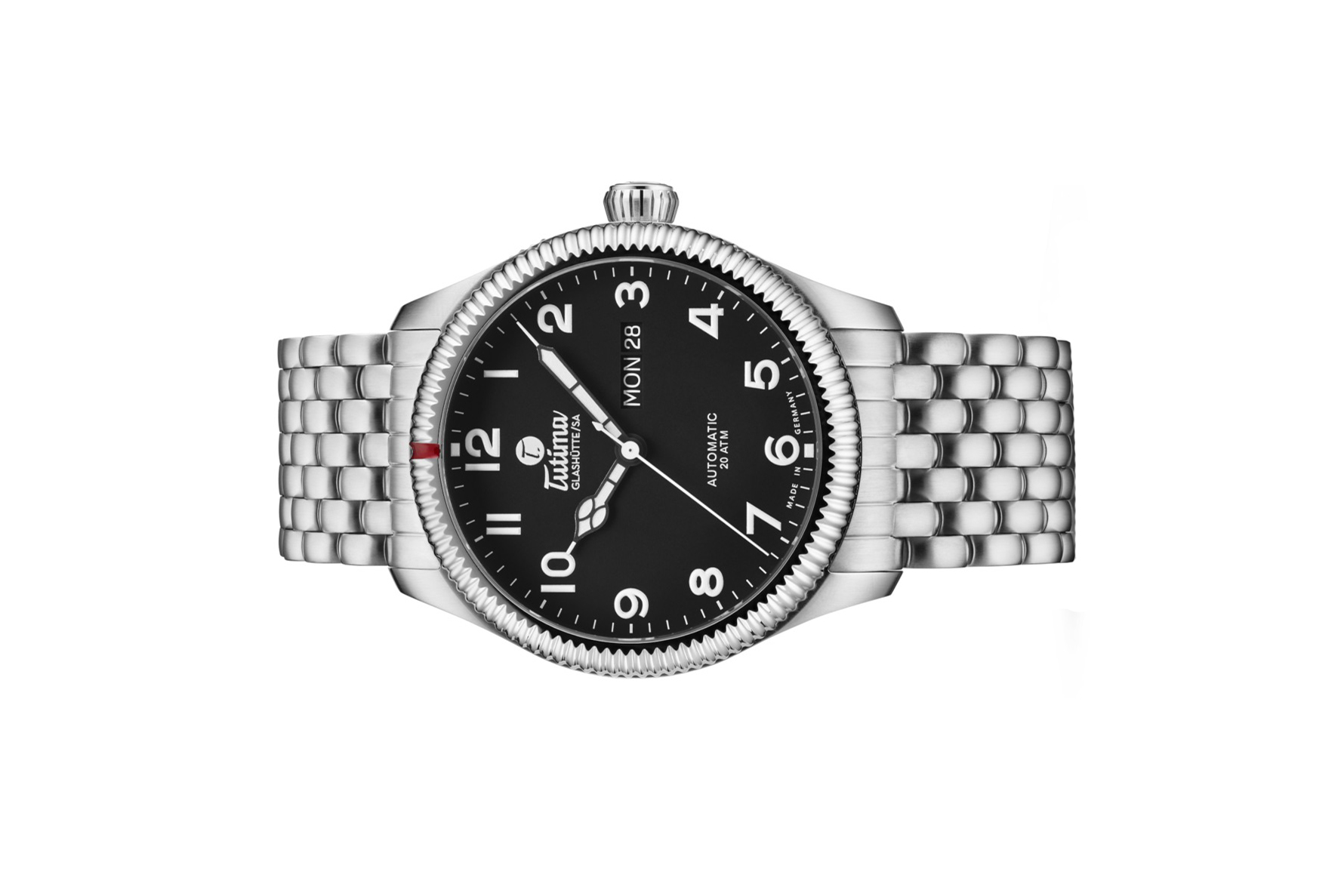 Đồng hồ đeo tay thương hiệu Tutima, dòng sản phẩm Grand Flieger Classic, Ref no: 6108-02, mặt số nhung đen, size 41mm, máy tự động, vỏ và dây đồng hồ bằng thép không gỉ, hàng mới 100%