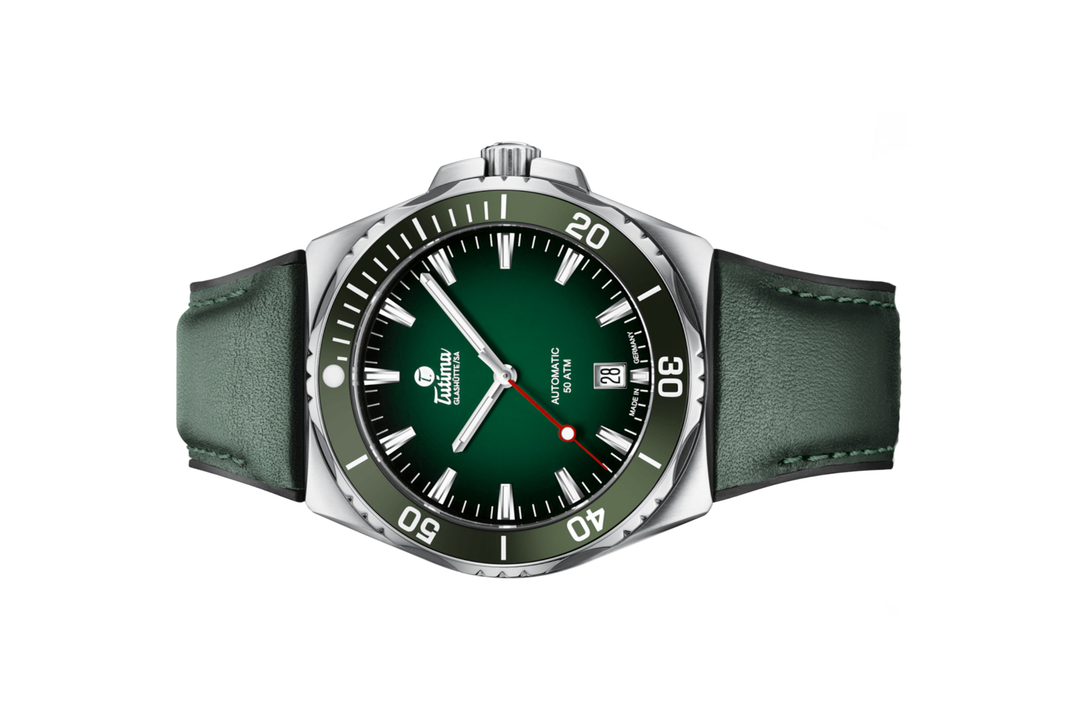 Đồng hồ đeo tay thương hiệu Tutima, dòng sản phẩm M2 Seven Seas S, Ref no: 6156-05, mặt số xanh lá size 40mm, máy tự động, vỏ đồng hồ thép không gỉ, dây cao su phủ da, hàng mới 100%