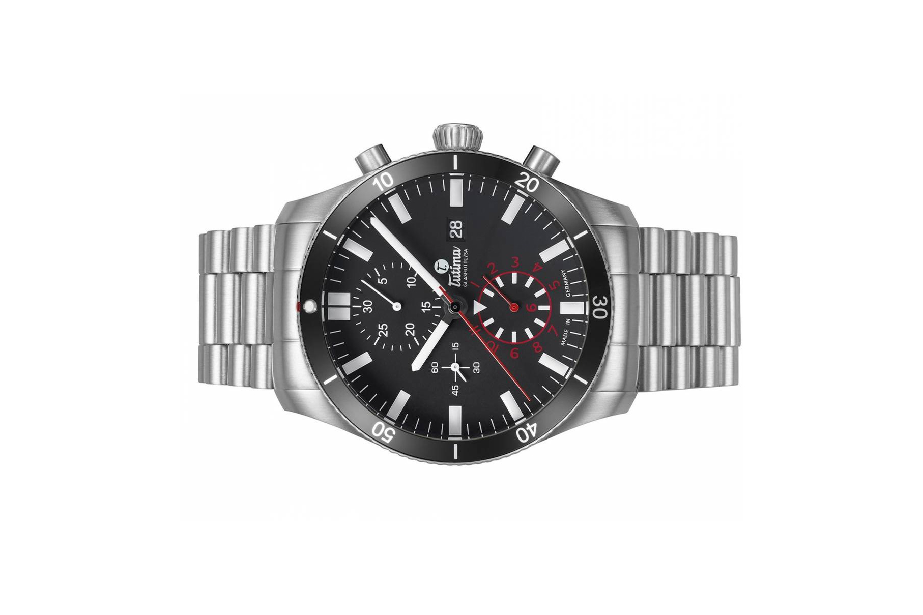 Đồng hồ đeo tay thương hiệu Tutima, dòng sản phẩm Grand Flieger Airport, Ref no: 6401-02, mặt số nhung đen, size 43mm, máy tự động, vỏ và dây đồng hồ bằng thép không gỉ, hàng mới 100%