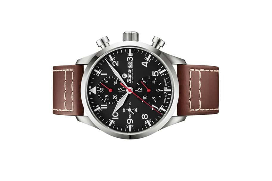 Đồng hồ đeo tay thương hiệu Tutima, dòng sản phẩm Flieger Legacy, Ref no: 6405-01, mặt số màu đen, size 41mm, máy tự động, vỏ đồng hồ bằng titanium và dây đeo da Horween, hàng mới 100%
