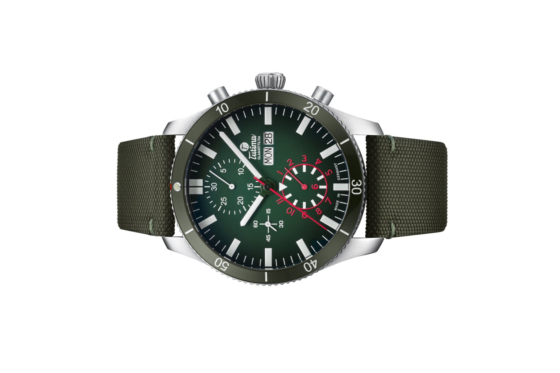 Đồng hồ đeo tay thương hiệu Tutima, dòng sản phẩm Grand Flieger Airport, Ref no: 6407-03, mặt số xanh lá Dégradé, size 41mm, máy tự động, vỏ đồng hồ bằng thép không gỉ và dây đeo vải Cordura®, hàng mới 100%