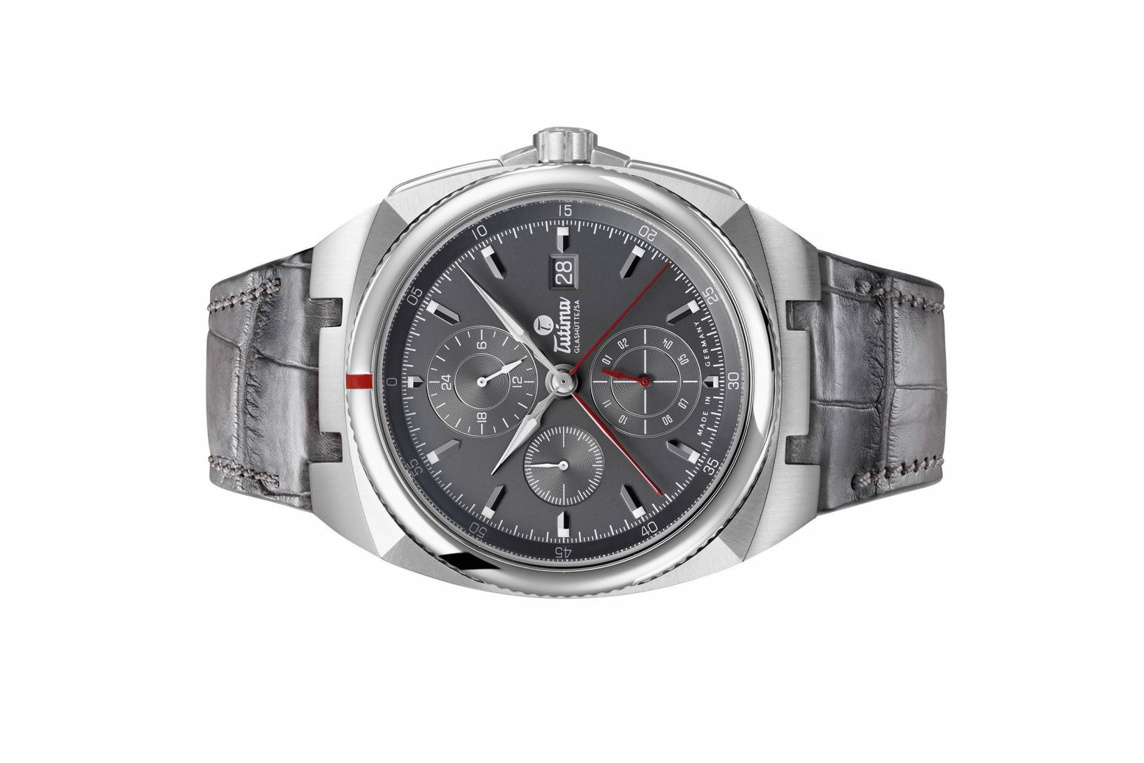 Đồng hồ đeo tay thương hiệu Tutima, dòng sản phẩm Saxon One, Ref no: 6420-03, mặt số than Anthracite, size 43mm, máy tự động, vỏ đồng hồ bằng thép không gỉ, dây đeo da cá sấu, hàng mới 100%