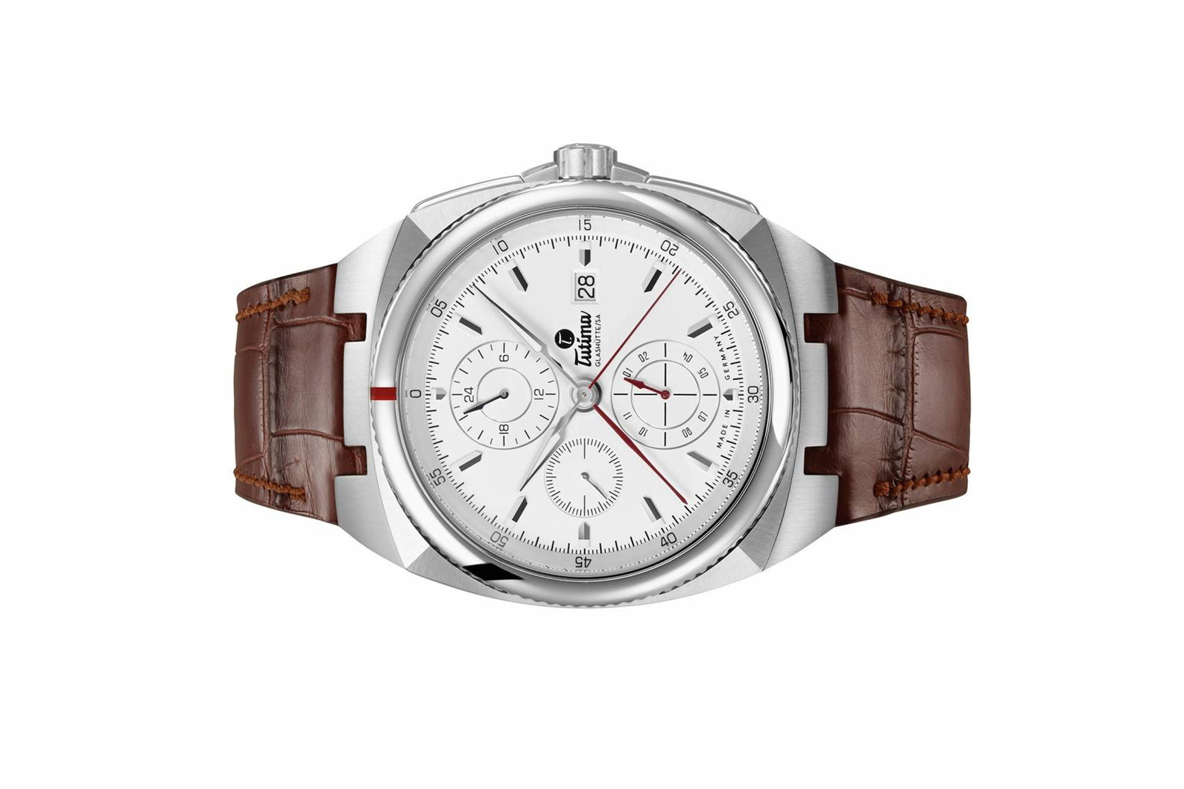 Đồng hồ đeo tay thương hiệu Tutima, dòng sản phẩm Saxon One, Ref no: 6420-04, mặt số bạc trắng Opalin, size 43mm, máy tự động, vỏ đồng hồ bằng thép không gỉ, dây đeo da cá sấu, hàng mới 100%