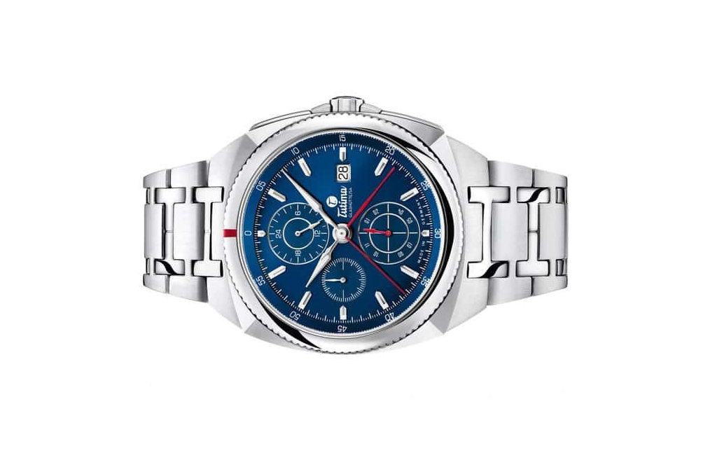 Đồng hồ đeo tay thương hiệu Tutima, dòng sản phẩm Saxon One, Ref no: 6420-05, mặt số màu xanh hoàng gia, size 43mm, máy tự động, vỏ và dây đồng hồ bằng thép không gỉ, hàng mới 100%