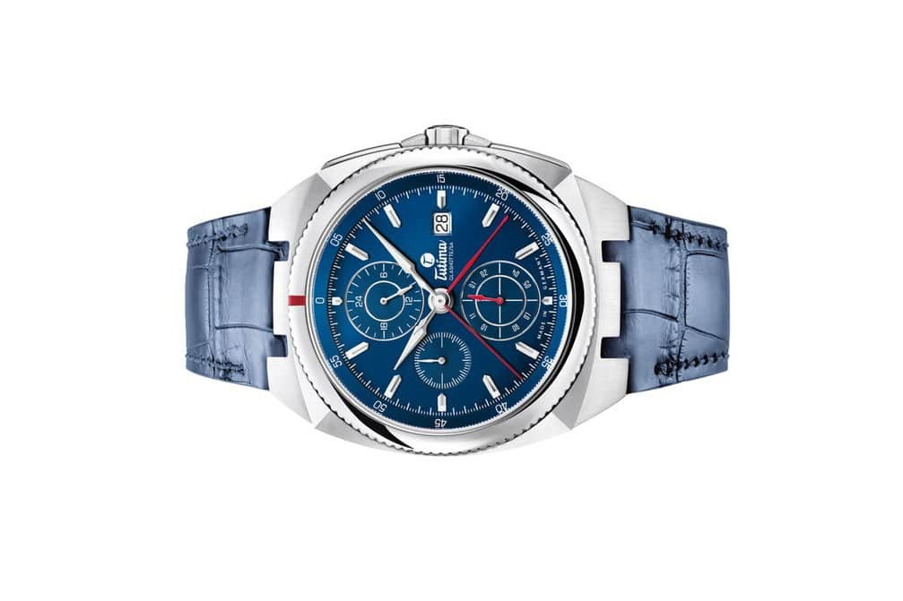 Đồng hồ đeo tay thương hiệu Tutima, dòng sản phẩm Saxon One, Ref no: 6420-06, mặt số màu xanh hoàng gia, size 43mm, máy tự động, vỏ đồng hồ bằng thép không gỉ, dây đeo da cá sấu, hàng mới 100%