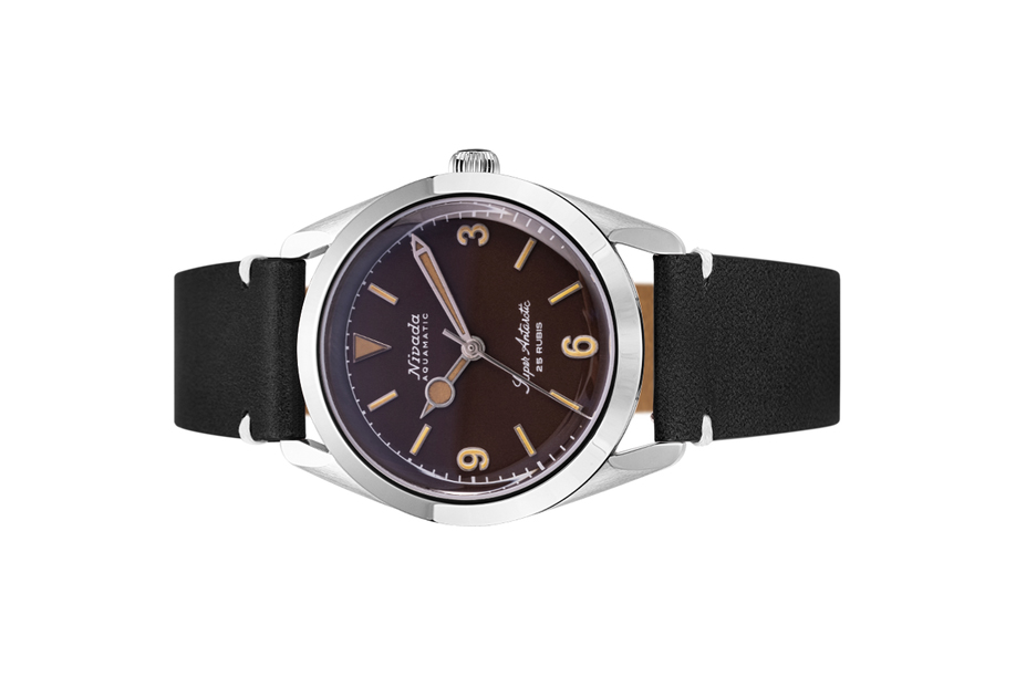 Đồng hồ đeo tay thương hiệu Nivada Grenchen, dòng sản phẩm Super Antarctic 3.6.9, Ref num 32031A, mặt số nhiệt đới mờ, size 38mm, máy tự động, vỏ bằng thép không gỉ 316L, dây da bò, mới 100%