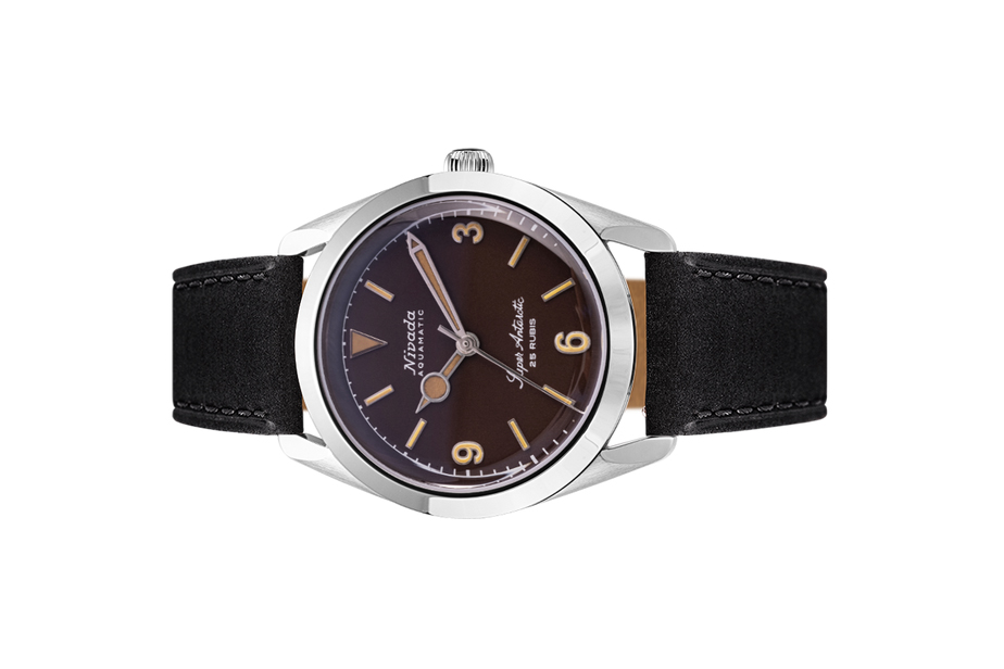 Đồng hồ đeo tay thương hiệu Nivada Grenchen, dòng sản phẩm Super Antarctic 3.6.9, Ref num 32031A, mặt số nhiệt đới mờ, size 38mm, máy tự động, vỏ bằng thép không gỉ 316L, dây da bò, mới 100%