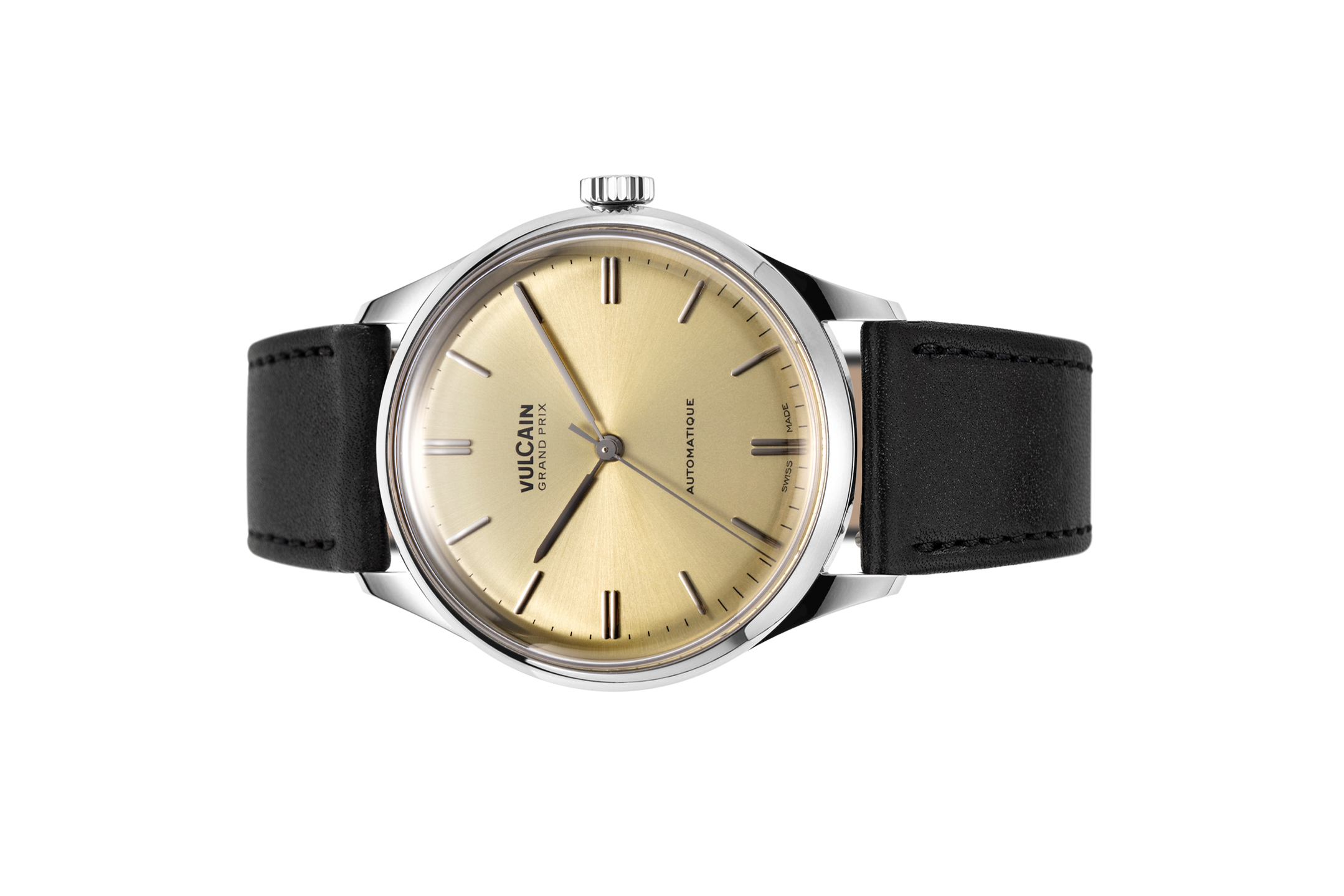 Đồng hồ đeo tay thương hiệu Vulcain, dòng sản phẩm Grand Prix, Ref no: 670171A70.BAC201, mặt số màu champagne size 39mm, máy tự động, vỏ đồng hồ thép không gỉ 316L, dây da bê màu đen, hàng mới 100%