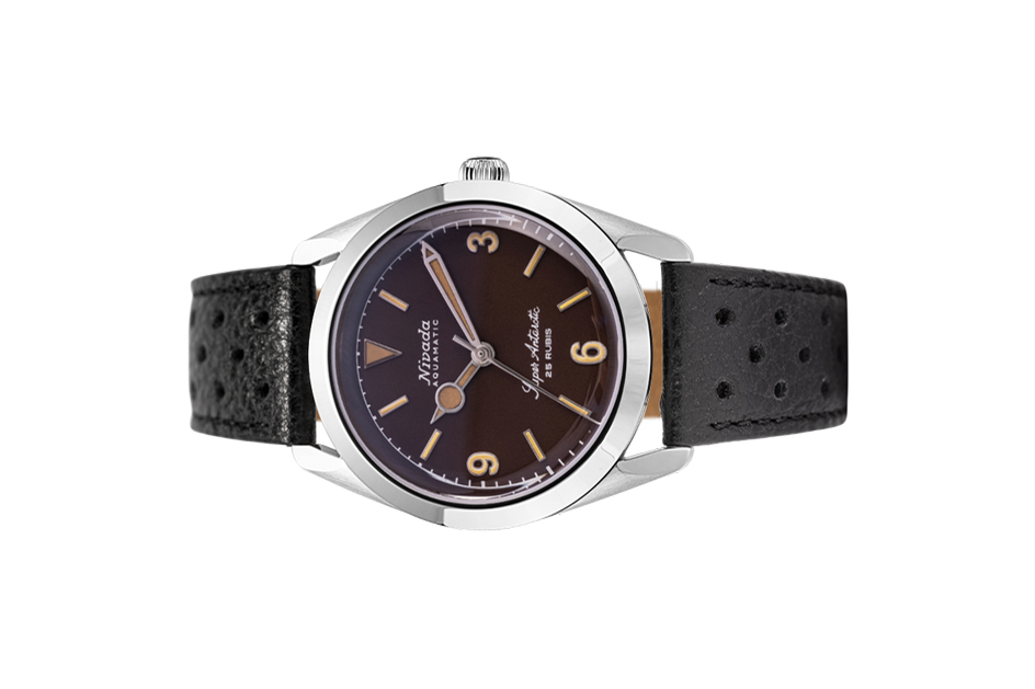 Đồng hồ đeo tay thương hiệu Nivada Grenchen, dòng sản phẩm Super Antarctic 3.6.9, Ref num 32031A, mặt số nhiệt đới mờ, size 38mm, máy tự động, vỏ bằng thép không gỉ 316L, dây da bò, mới 100%