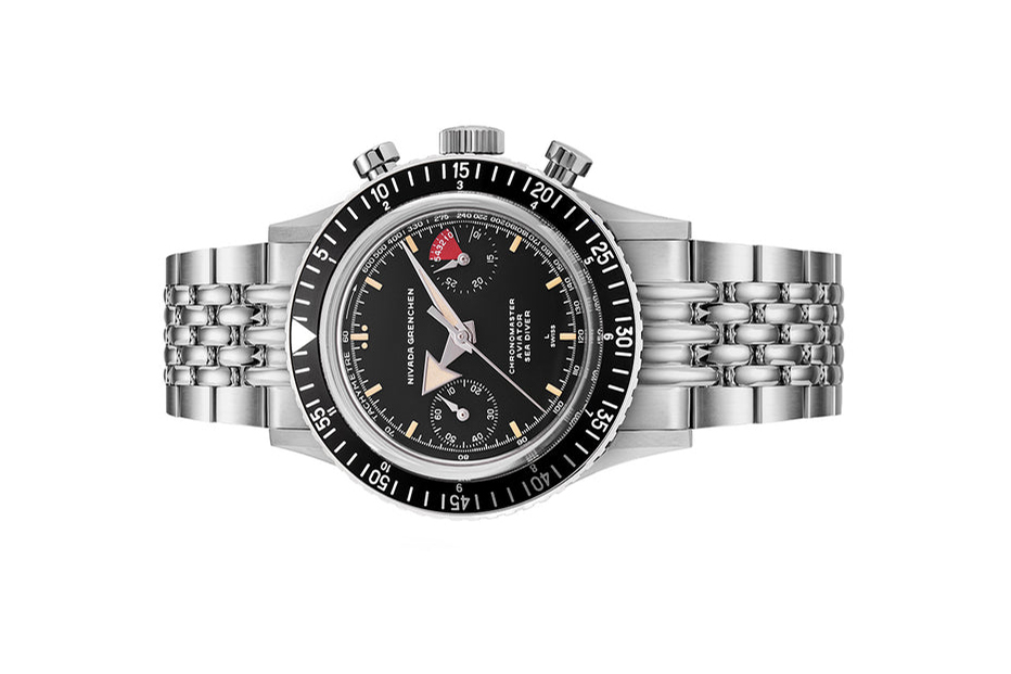 Đồng hồ đeo tay thương hiệu Nivada Grenchen, dòng sản phẩm Chronomaster Broad Arrow, Ref no: 86056M, mặt số màu đen, size 38mm, lên dây cót bằng tay, vỏ và dây đồng hồ bằng thép không gỉ, mới 100%