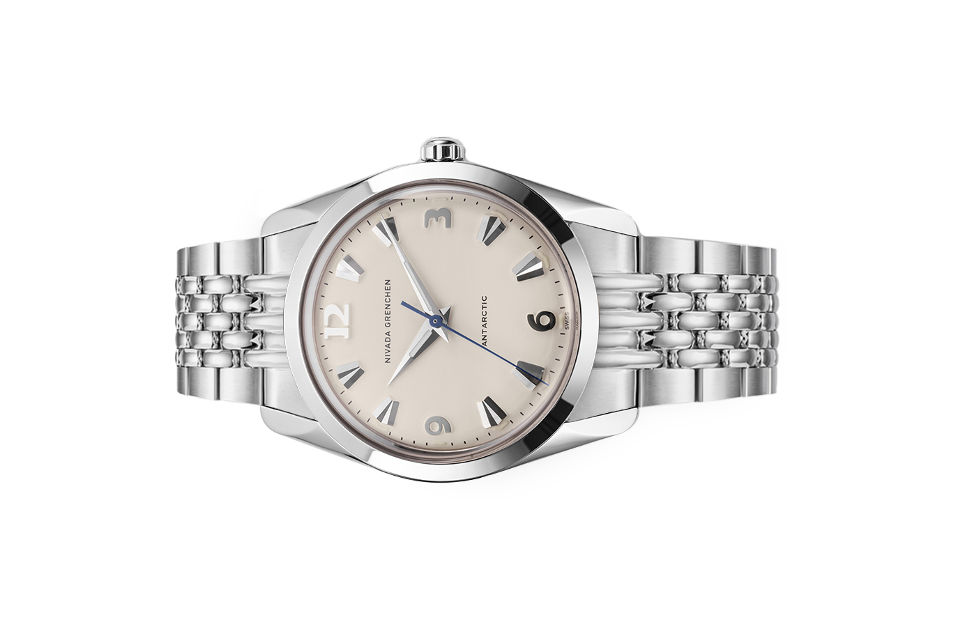 Đồng hồ đeo tay thương hiệu Nivada Grenchen, dòng sản phẩm Antarctic, Ref number: 35004M04, mặt số màu trắng size 35mm, máy lên cót tay, vỏ và dây bằng thép không gỉ 316, mới 100%