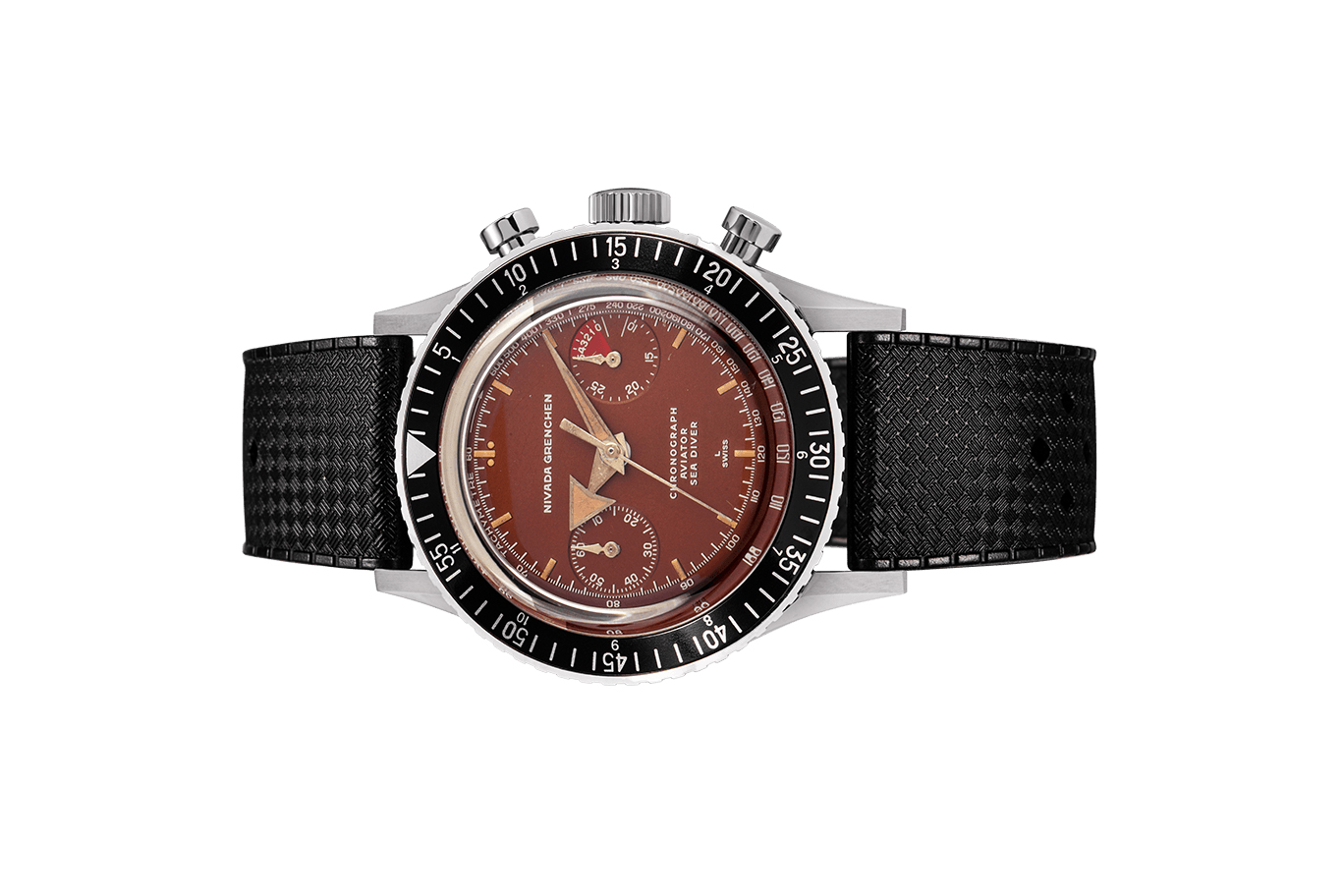 Đồng hồ đeo tay thương hiệu Nivada Grenchen, dòng sản phẩm Chronomaster, Ref number: 85007M01, mặt số màu đỏ tropical size 38mm, lên dây cót bằng tay, dây cao su,vỏ thép không gỉ 316,mới 100%