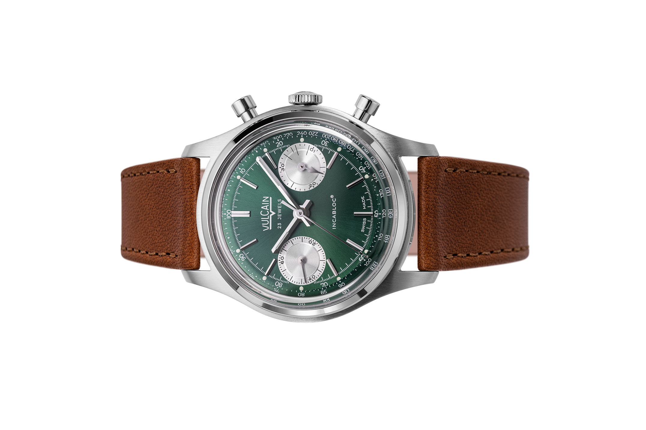 Đồng Hồ Vulcain Chronograph 1970's Green 640109A90.BAC201 Đồng hồ đeo tay thương hiệu Vulcain, dòng sản phẩm Chronograph, Ref no: 640109A90.BAC201, mặt số màu xanh lá cây size 38mm, máy lên cót tay, vỏ đồng hồ thép không gỉ 316L, dây da bê đen, hàng mới 100%