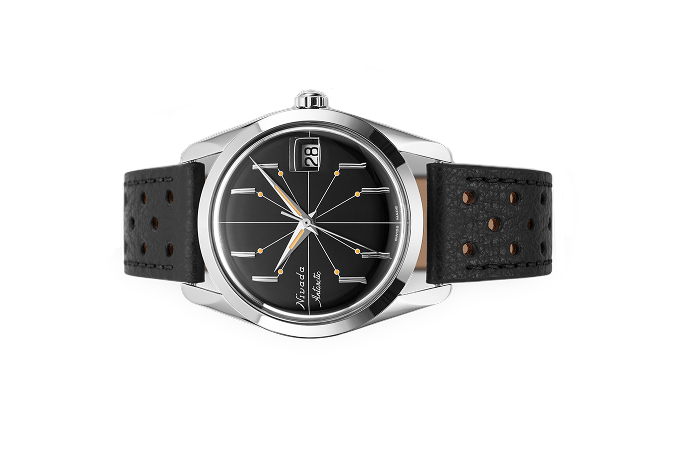 Đồng hồ đeo tay thương hiệu Nivada Grenchen, dòng sản phẩm Antarctic, Ref number: 35011M40, mặt số màu đen size 35mm, máy lên cót tay, vỏ bằng thép không gỉ 316L, dây da bò màu đen, mới 100%