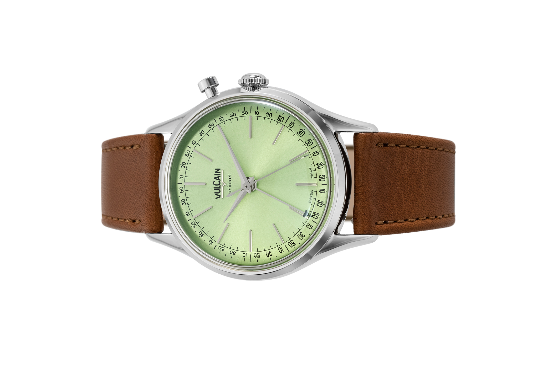 Đồng hồ đeo tay thương hiệu Vulcain, dòng sản phẩm Cricket President, Ref no: 100173A90, mặt số màu xanh lá Pistachio, size 39mm, máy lên cót tay, vỏ đồng hồ thép không gỉ 316L, dây da bê, hàng mới 100%
