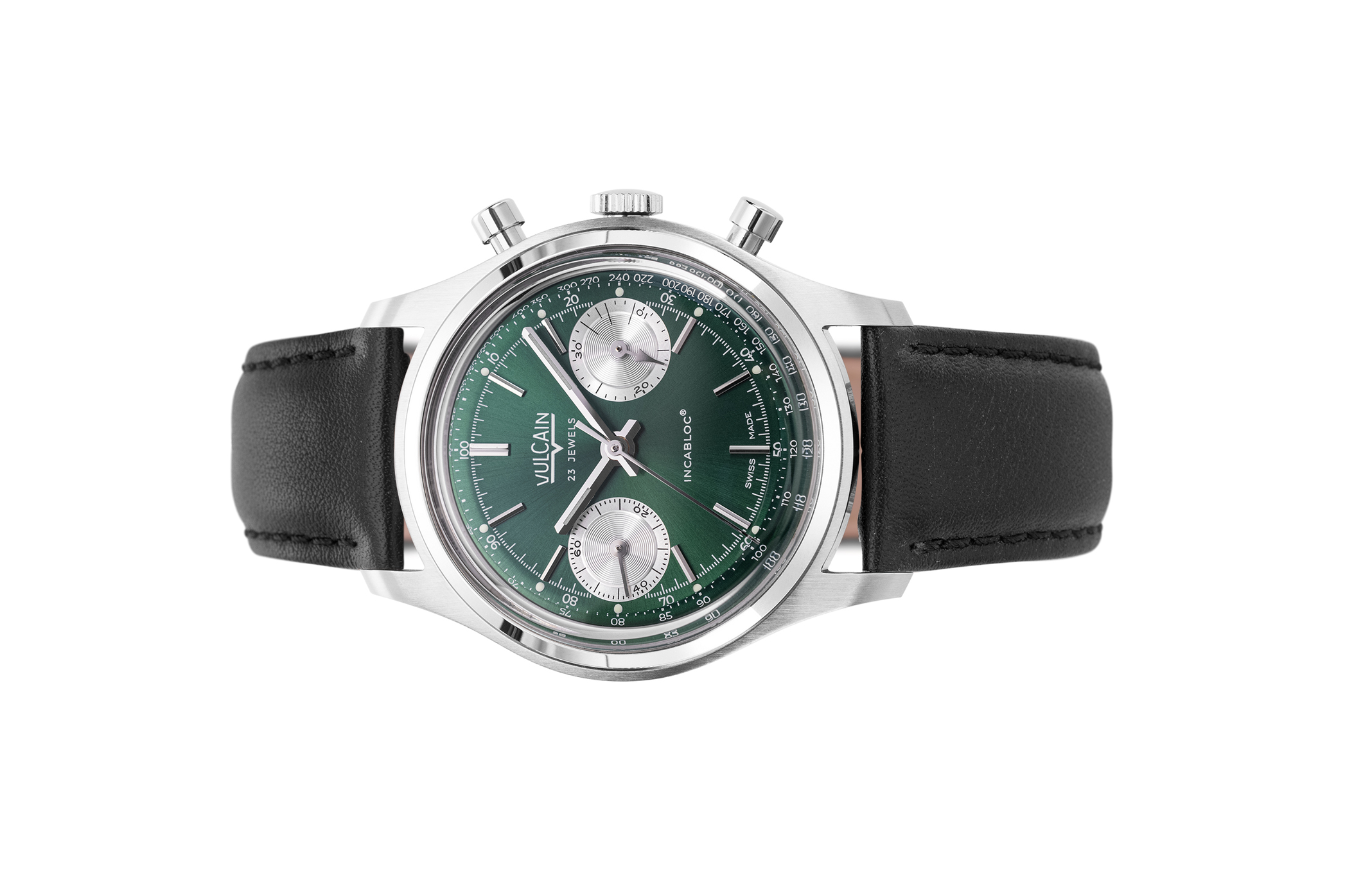 Đồng hồ đeo tay thương hiệu Vulcain, dòng sản phẩm Chronograph, Ref no: 640109A90.BAC201, mặt số màu xanh lá cây size 38mm, máy lên cót tay, vỏ đồng hồ thép không gỉ 316L, dây da bê đen, hàng mới 100%