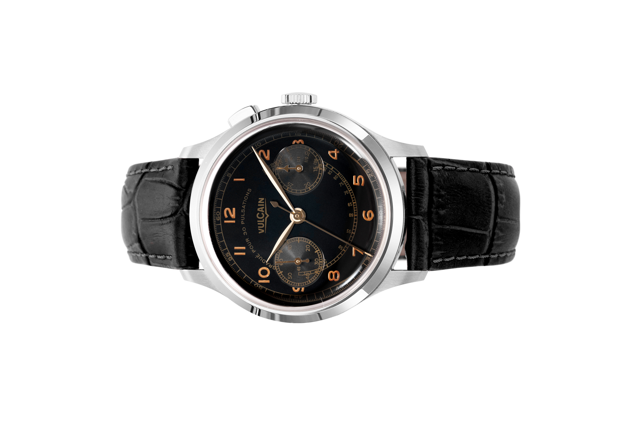 Đồng hồ đeo tay thương hiệu Vulcain, dòng sản phẩm Monopusher Heritage, Ref no: 650167A08, mặt số màu đen size 38.9mm, máy lên cót tay, vỏ đồng hồ thép không gỉ 316L, dây da bê, hàng mới 100%