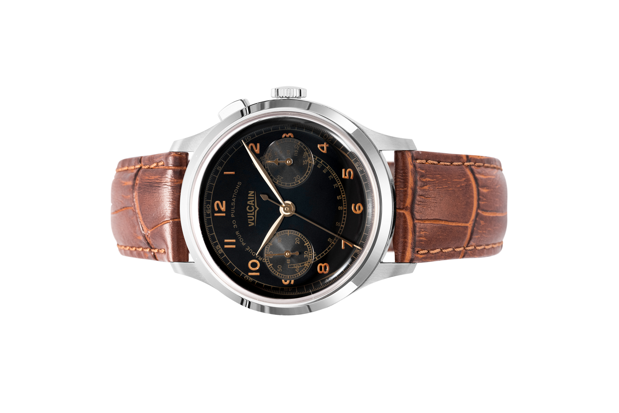 Đồng Hồ Vulcain Monopusher Heritage Black 650167A08.BAC201 Đồng hồ đeo tay thương hiệu Vulcain, dòng sản phẩm Monopusher Heritage, Ref no: 650167A08, mặt số màu đen size 38.9mm, máy lên cót tay, vỏ đồng hồ thép không gỉ 316L, dây da bê, hàng mới 100%