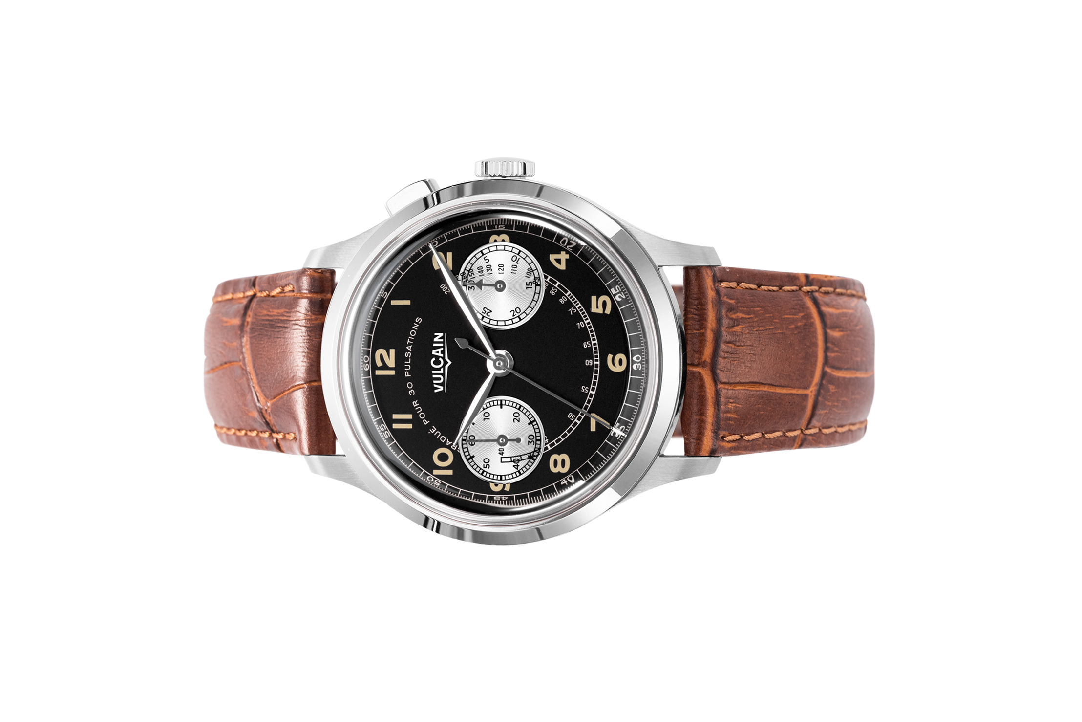 Đồng Hồ Vulcain Monopusher Heritage Black & White 650157A08.BAC201 Đồng hồ đeo tay thương hiệu Vulcain, dòng sản phẩm Monopusher Heritage, Ref no: 650157A08, mặt số màu đen size 38.9mm, máy lên cót tay, vỏ đồng hồ thép không gỉ 316L, dây da bê, hàng mới 100%