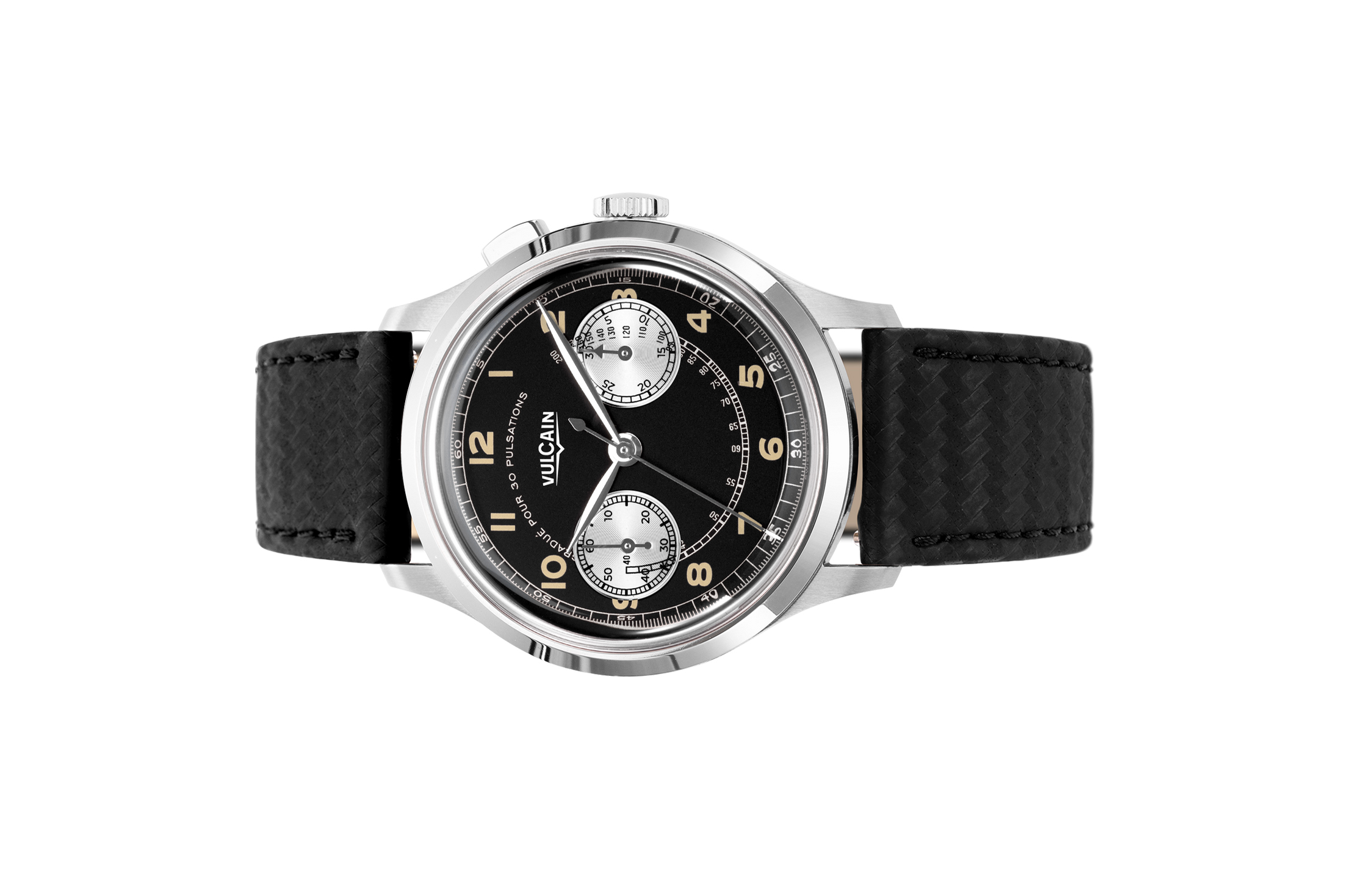 Đồng Hồ Vulcain Monopusher Heritage Black & White 650157A08.BAC201 Đồng hồ đeo tay thương hiệu Vulcain, dòng sản phẩm Monopusher Heritage, Ref no: 650157A08, mặt số màu đen size 38.9mm, máy lên cót tay, vỏ đồng hồ thép không gỉ 316L, dây da bê, hàng mới 100%