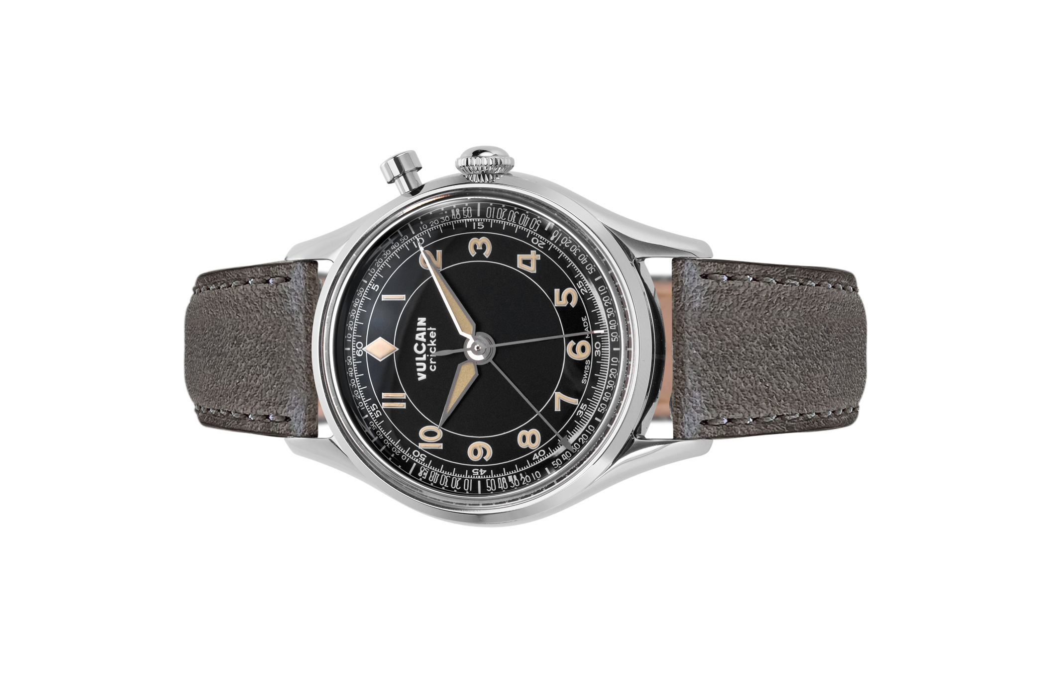 Đồng hồ đeo tay thương hiệu Vulcain, dòng sản phẩm Cricket Classique, Ref no: 100168B97, mặt số màu đen Kaki, size 39mm, máy lên cót tay, vỏ đồng hồ thép không gỉ, dây da cá sấu, hàng mới 100%