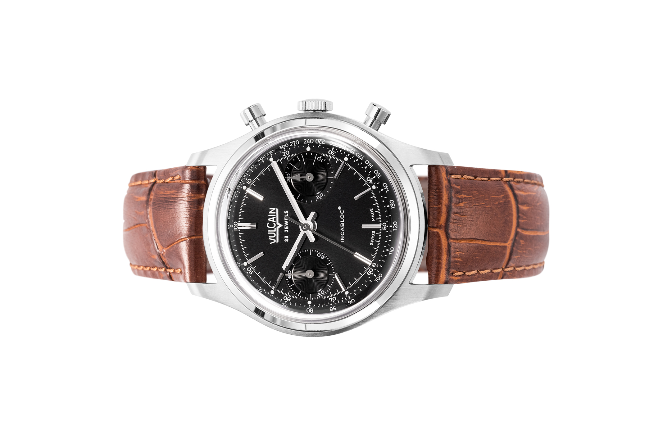 Đồng Hồ Vulcain Chronograph Black 640109B00.BAC201 Đồng hồ đeo tay thương hiệu Vulcain, dòng sản phẩm Chronograph 70's, Ref no: 640109B00, mặt số đen, size 38mm, máy lên cót tay, vỏ đồng hồ thép không gỉ 316L, dây da bê, hàng mới 100%