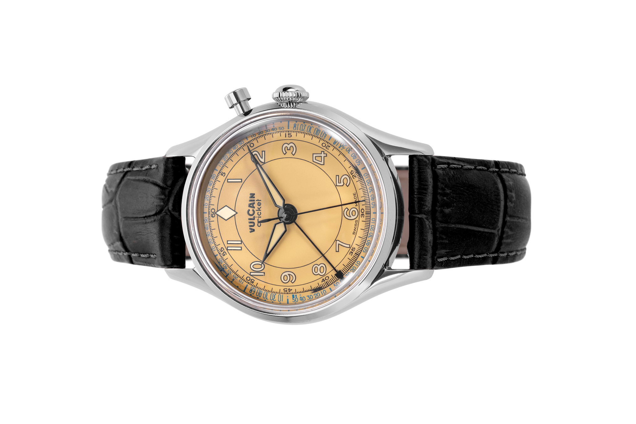 Đồng hồ đeo tay thương hiệu Vulcain, dòng sản phẩm Cricket Classique, Ref no: 100168B87, mặt số màu nâu Kaki, size 39mm, máy lên cót tay, vỏ đồng hồ thép không gỉ, dây da cá sấu, hàng mới 100%