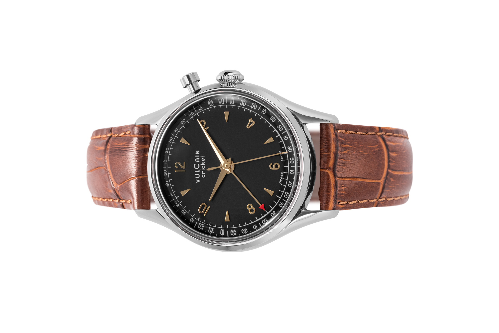 Đồng hồ đeo tay thương hiệu Vulcain, dòng sản phẩm Cricket Tradition, Ref no: 100168A06, mặt số màu đen, size 39mm, máy lên cót tay, vỏ đồng hồ thép không gỉ, dây da cá sấu, hàng mới 100%