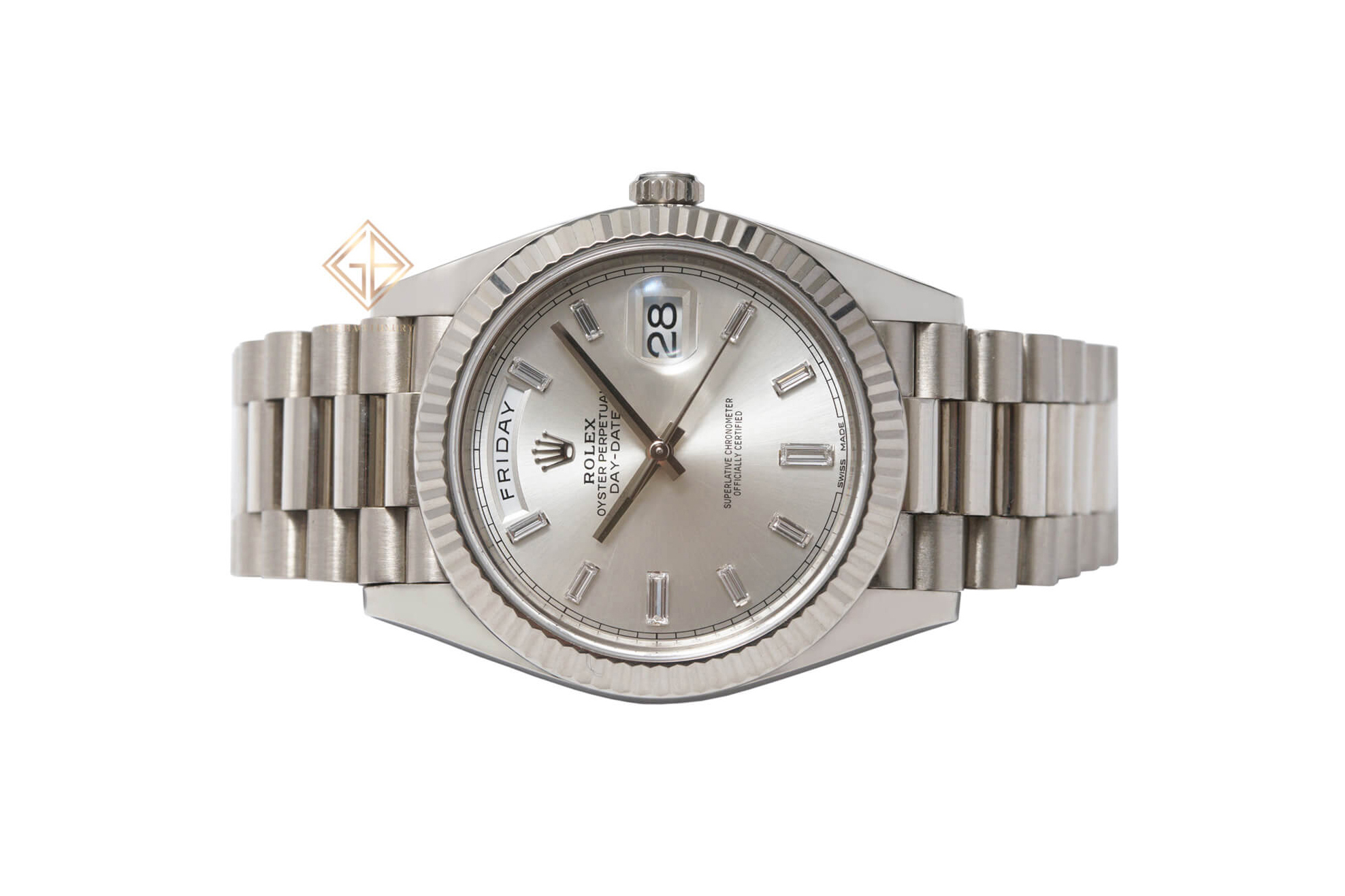 Đồng Hồ Rolex Day-Date 40 228239 Mặt Số Bạc Nạm Kim Cương