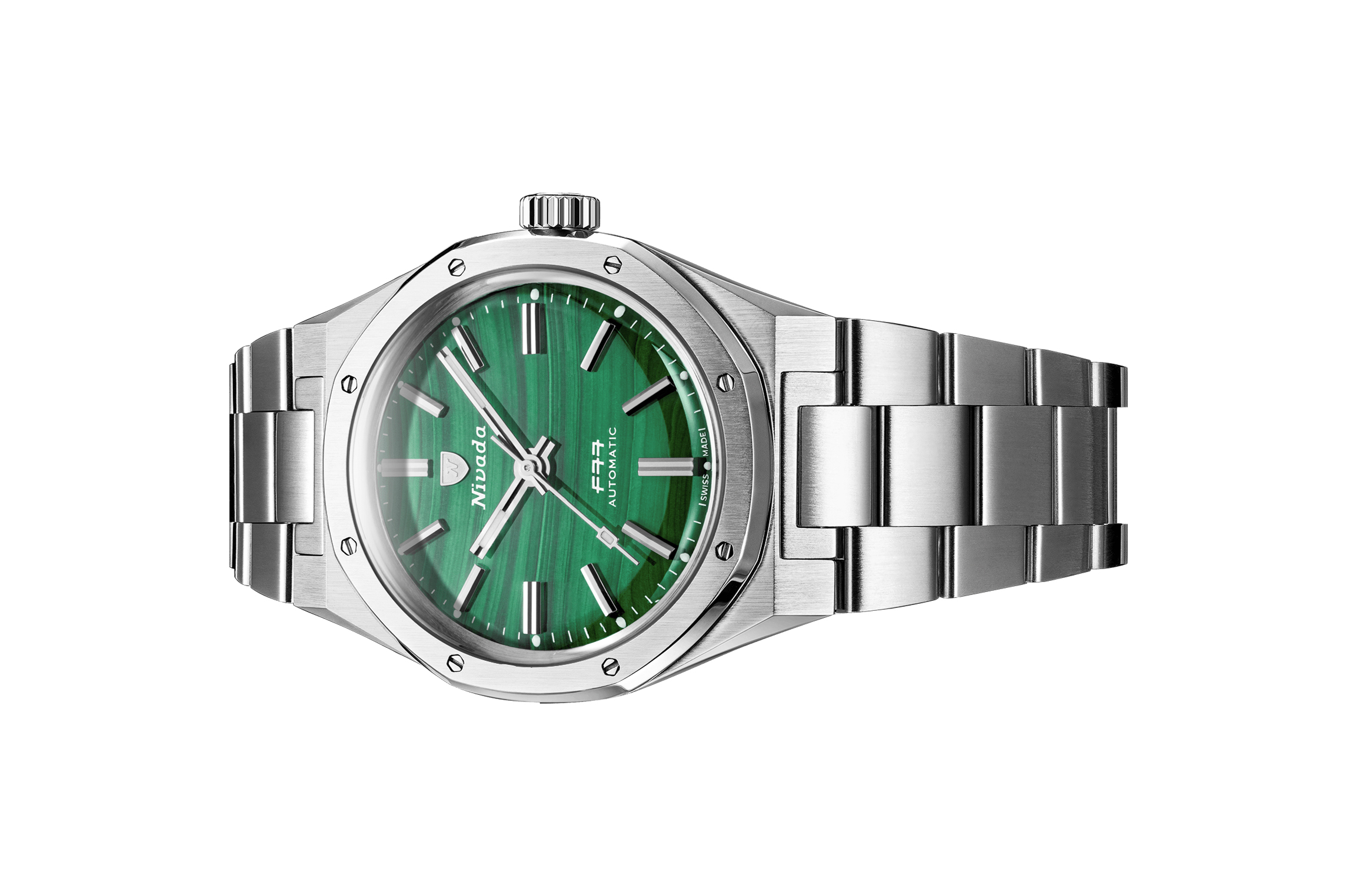 Đồng hồ đeo tay thương hiệu Nivada Grenchen, dòng sản phẩm F77, Ref number: 68036A77, mặt số Đá Malachite Mark I, size 37mm, máy tự động, vỏ và dây đồng hồ bằng thép 316L, mới 100%