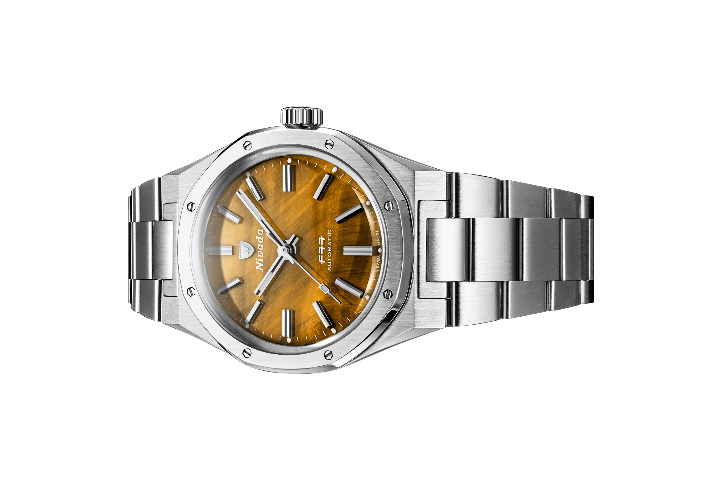 Đồng hồ đeo tay thương hiệu Nivada Grenchen, dòng sản phẩm F77, Ref number: 68032A77, mặt số Tiger Eye Mark I, size 37mm, máy tự động, vỏ và dây đồng hồ bằng thép 316L, mới 100%