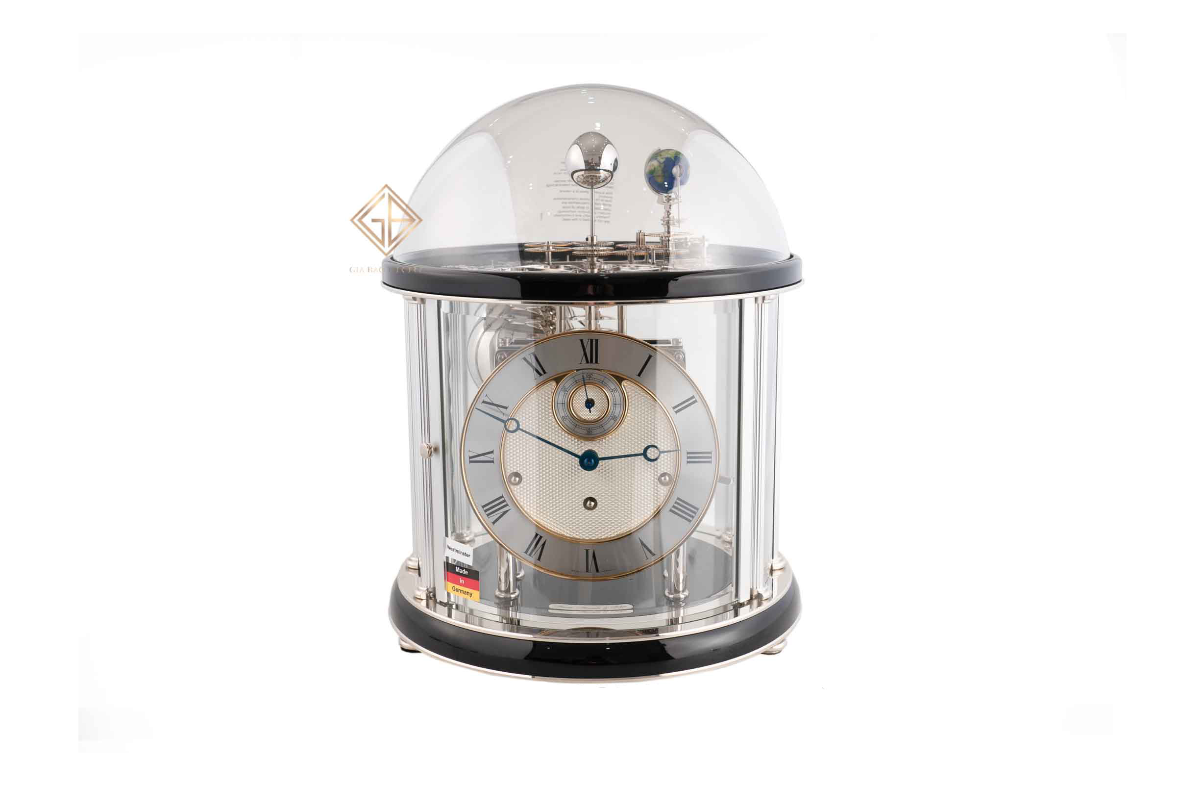 Đồng hồ dây cót để bàn Hermle Tellurium II (Nickel Plated in a Black Finish with a Mechanical 8 day westminster Chiming Movement). Item no: 22823740352. HSX: Hermle. Hàng mới 100%