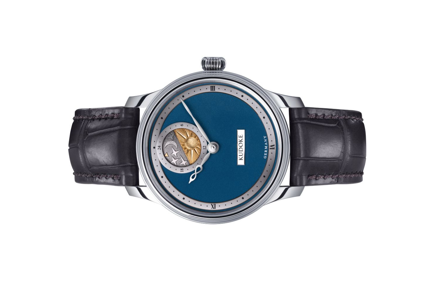 Đồng hồ đeo tay KUDOKE 2, máy lên dây cót tay cơ bản, mặt số màu deep blue , vỏ thép không gỉ, size 39mm, dây da tổng hợp size M, hàng mới 100%