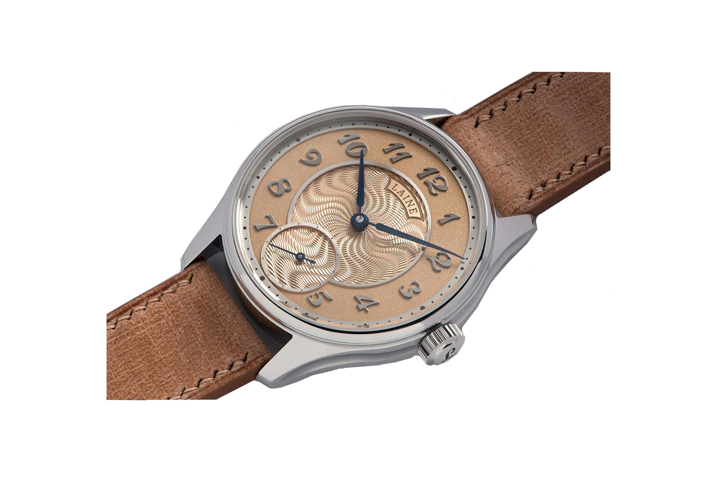 Đồng hồ đeo tay thương hiệu Laine, dòng sản phẩm G3, mặt số cá hồi, size 40.5mm, máy lên cót tay, vỏ bằng thép không gỉ, dây Da Babele, mới 100%