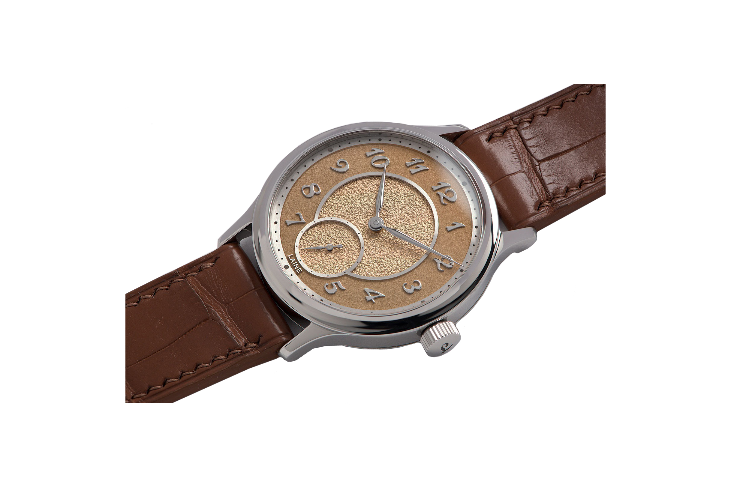 Đồng hồ đeo tay thương hiệu Laine, dòng sản phẩm V38, mặt số cá hồi, size 38mm, máy tự động, vỏ bằng thép không gỉ, dây da Babele, mới 100%