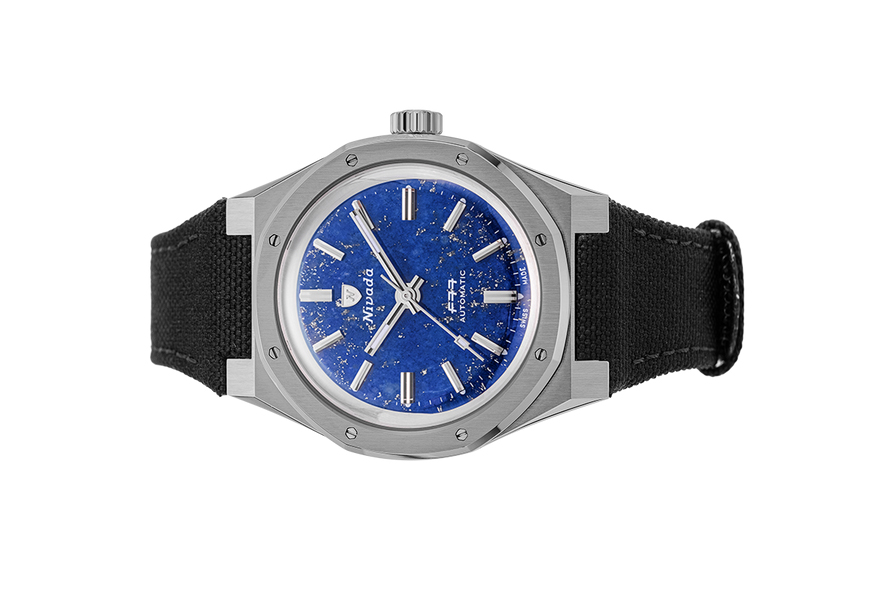 Đồng hồ đeo tay thương hiệu Nivada Grenchen, dòng sản phẩm F77, Ref number: 68017A77, mặt số Lapis Lazuli, size 37mm, máy tự động, vỏ đồng hồ bằng titanium và dây vải Velcro, mới 100%