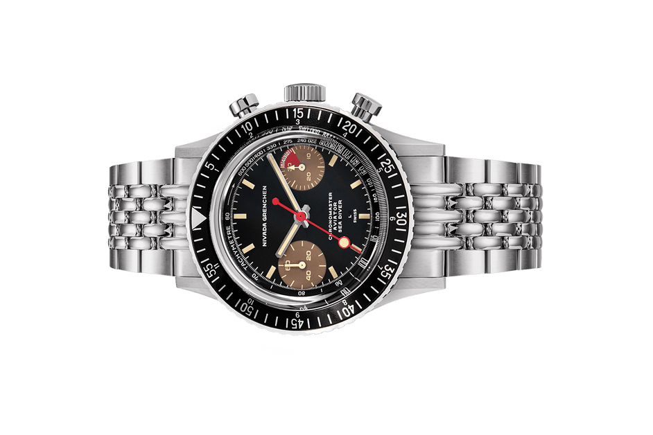 Đồng hồ đeo tay thương hiệu Nivada Grenchen, dòng sản phẩm Chronomaster Lollipop Honey, Ref no: 85008M, mặt số màu đen, size 38mm, lên dây cót bằng tay, vỏ và dây đồng hồ bằng thép không gỉ, mới 100%