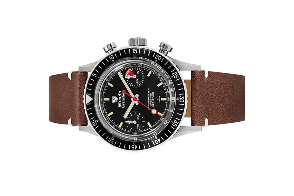 Đồng hồ đeo tay thương hiệu Nivada Grenchen, dòng sản phẩm Chronomaster Lollipop, Ref no: 86011M, mặt số màu đen, size 38mm, lên dây cót bằng tay, vỏ đồng hồ bằng thép không gỉ và dây da bò, mới 100%