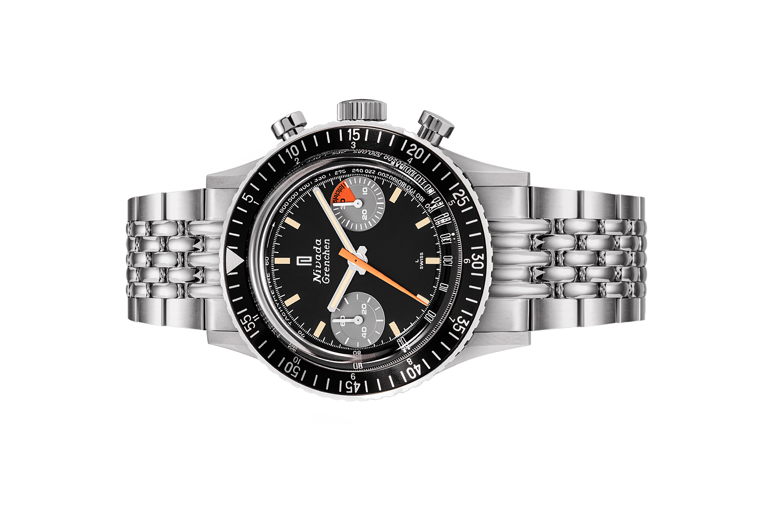 Đồng hồ đeo tay thương hiệu Nivada Grenchen, dòng sản phẩm Chronomaster Orange Boy SL, Ref no: 86015M, mặt số màu đen, size 38mm, lên dây cót bằng tay, vỏ và dây đồng hồ bằng thép không gỉ, mới 100%