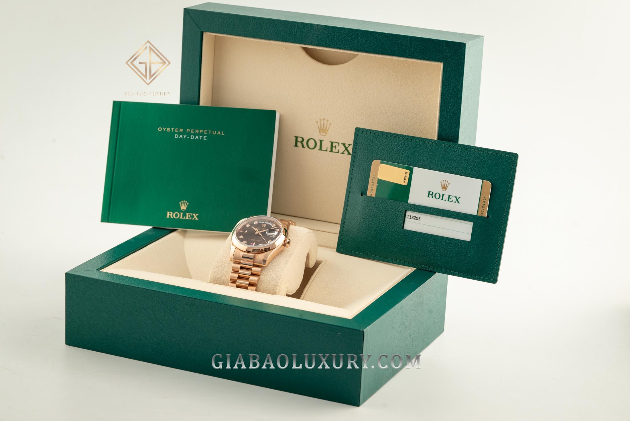 Đồng Hồ Rolex Day-Date 36 118205 Mặt Số Chocolate Nạm Đá Ruby Đỏ